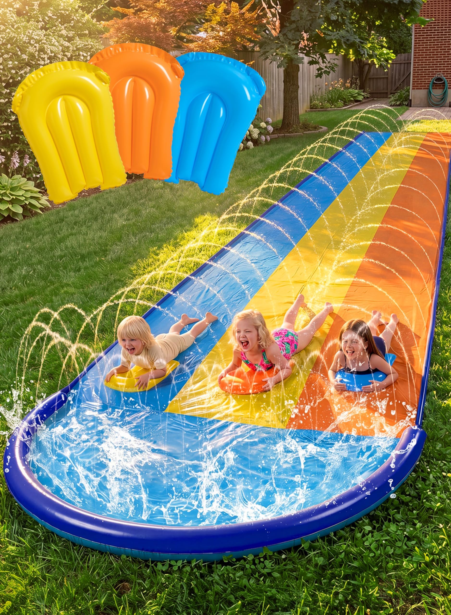 Sloosh 18ft/548cm Triple Lanes Water Slides and 3 bodyboards, Backyard Lawn Water Slides with Sprinkler for Kids Adults Outdoor Water Toy fun in summer for Kids Adults