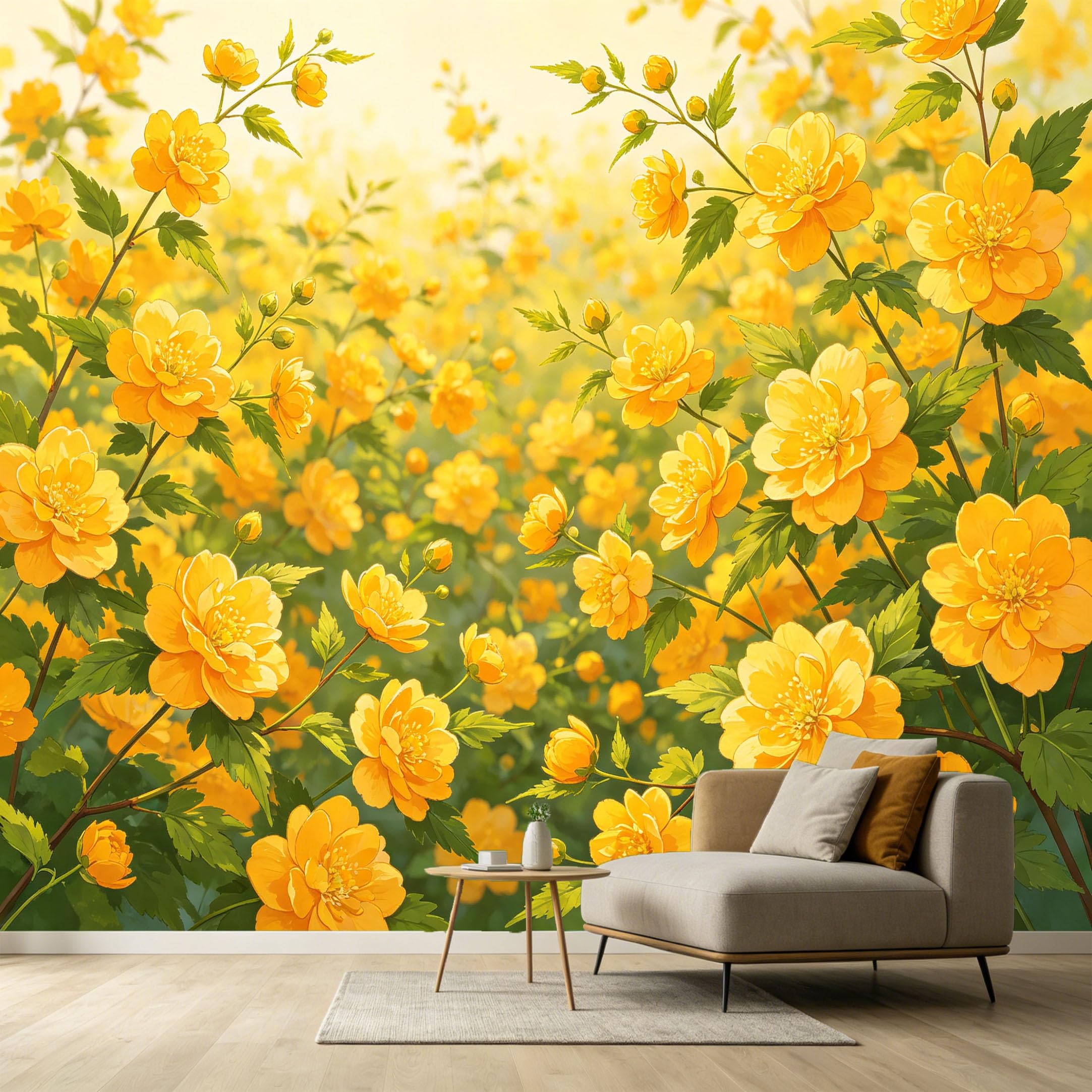 Custom Size Wall Murals Yellow Blooming Flowers Botanical Watercolor Petals SelfAdhesive Wall Fabric Removable Large Wallpaper for Photo Living Room Interior Decor