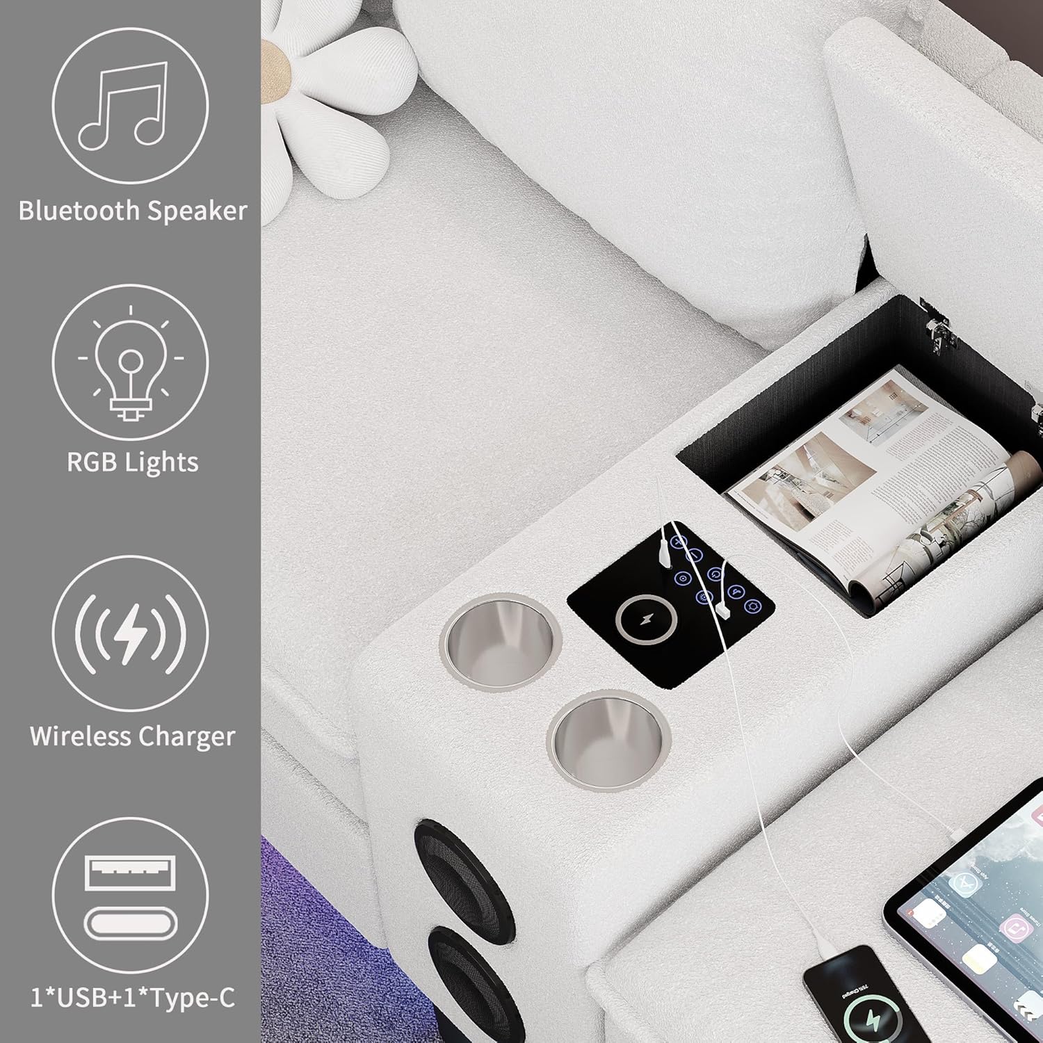 Close-up of the smart module showing a phone wirelessly charging, a tablet charging via USB, and a coffee cup in a cup holder.