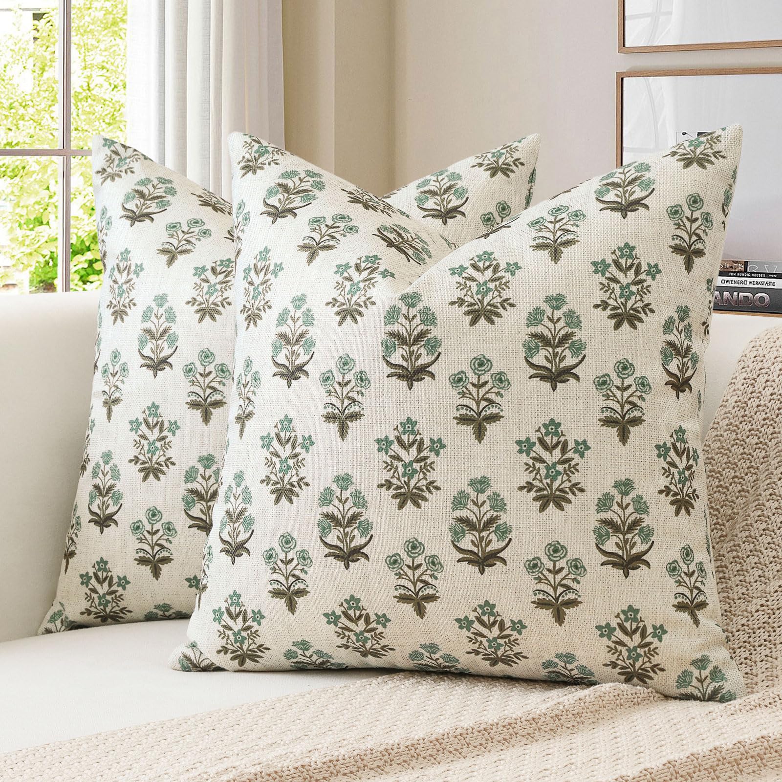 JOTOM Brown Green Floral Cushion Covers 40x40 cm Set of 2 Double Sided Vintage Flower Printed Pillow Covers Farmhouse Decorative Throw Pillow Cases for Couch Sofa Bedroom (Brown Green)