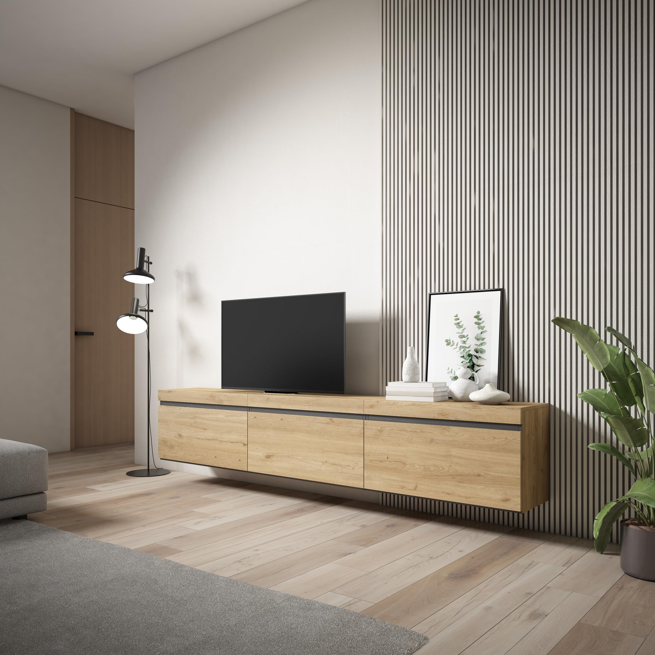 Skraut Home | Meuble TV | Banc Télé | Grand Espace de Rangement | 240x45x35 cm | Suspendu, Mural | Style Moderne | Chêne