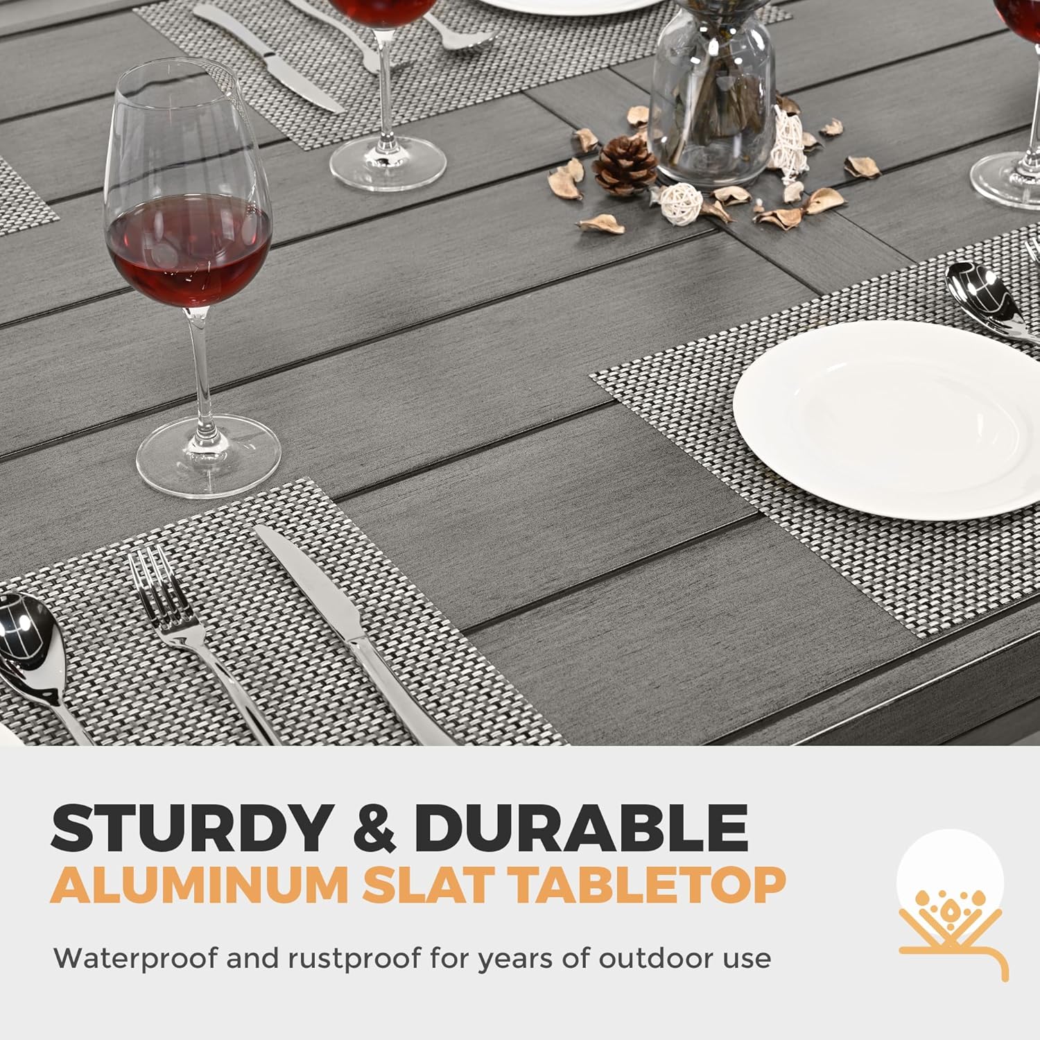 HAPPATIO Patio Dining Table for 8, Large Rectangle 84"×39.8", Patio Aluminum Slat Dining Table with 2.2" Umbrella Hole, All Weather Outdoor Table for Lawn, Garden and Poolside