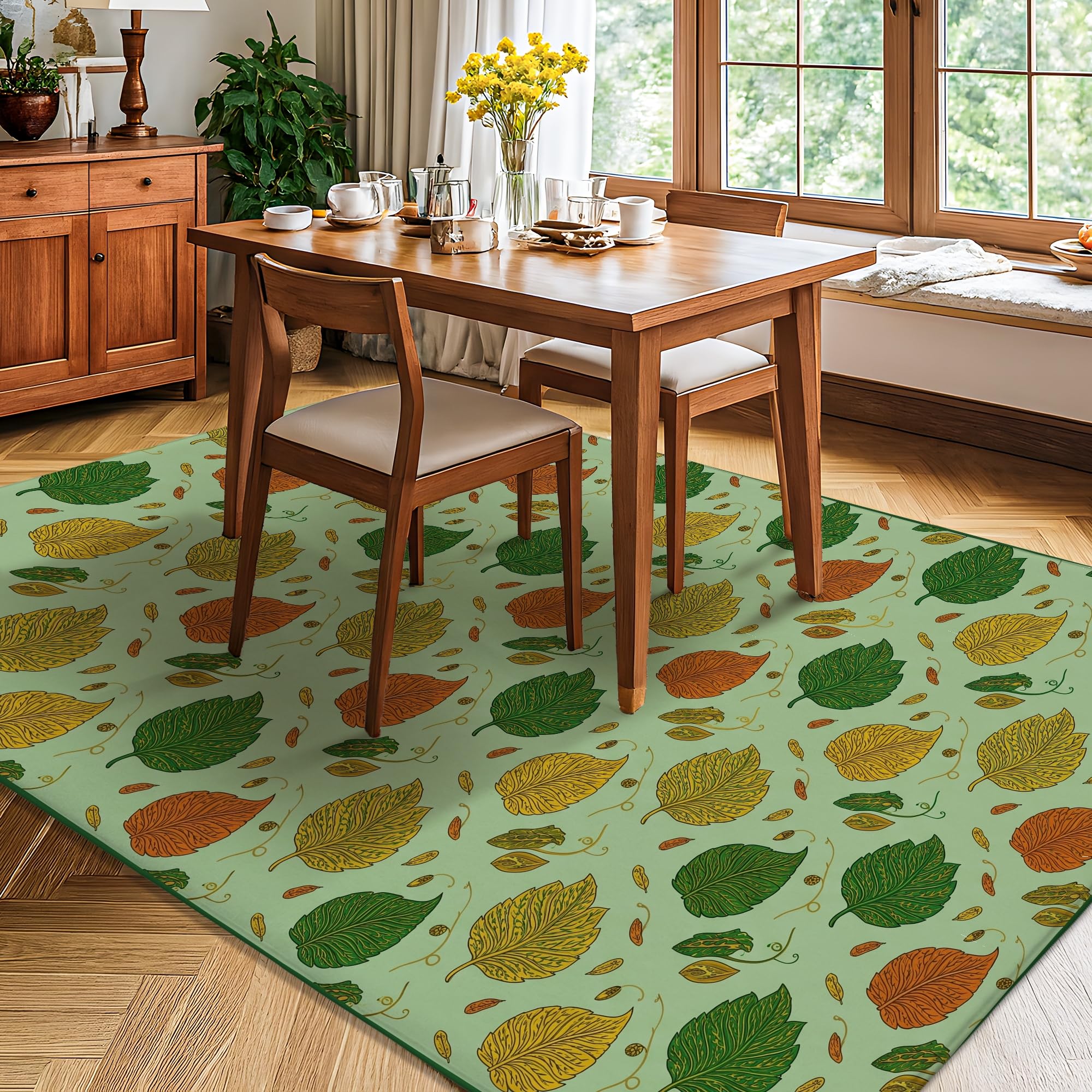 Alfombra de área de hojas, ramas rústicas de temporada, bayas, color verde otoño, antideslizante, estética, rectangular, alfombra para el hogar, sala de estar, dormitorio, debajo de la mesa