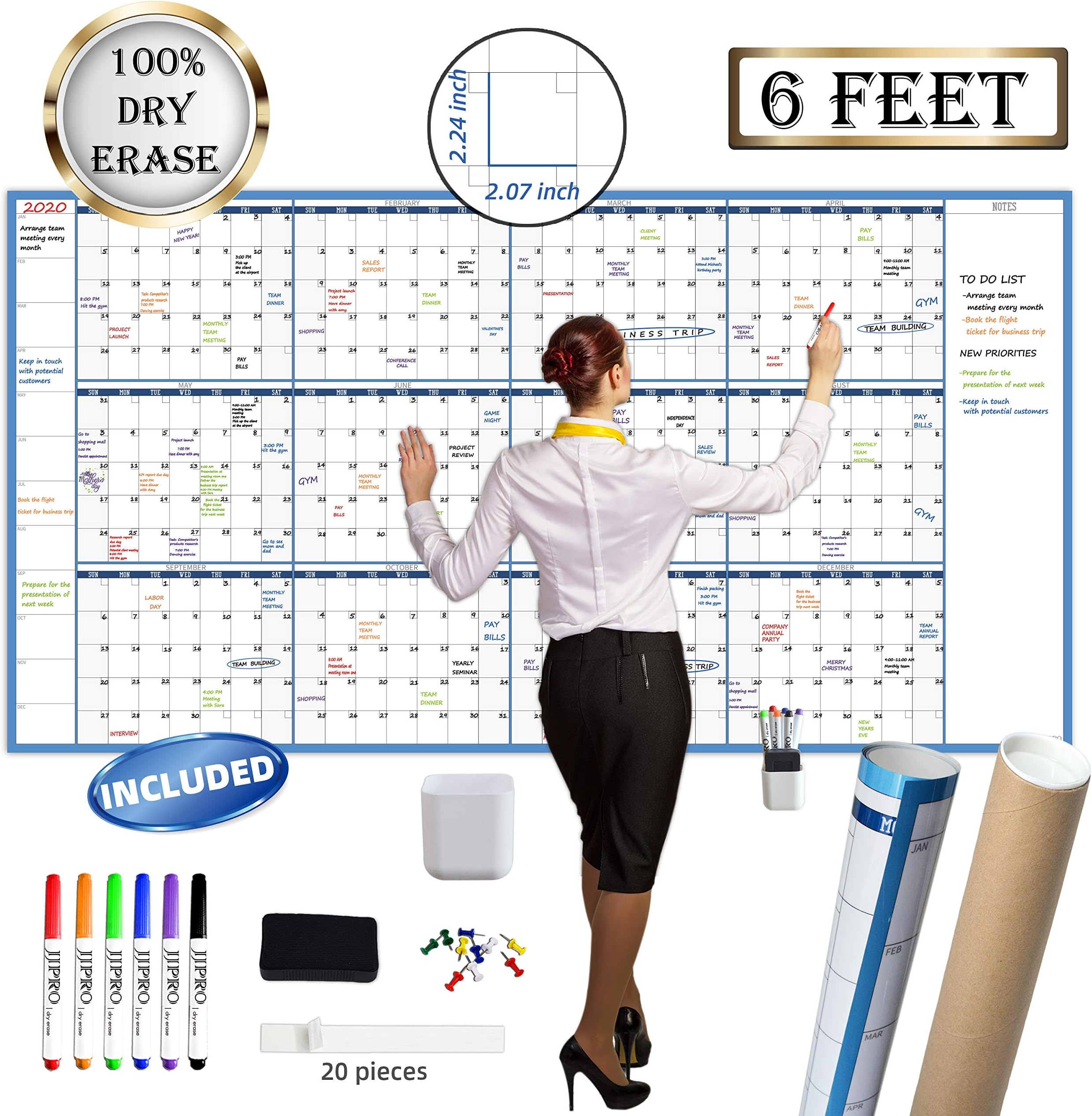 Large Dry Erase Wall Calendar - 38" x 72" - Undated Blank Reusable Yearly Calendar - Giant Whiteboard Annual Poster - Laminated Office Jumbo 12 Month Calendar