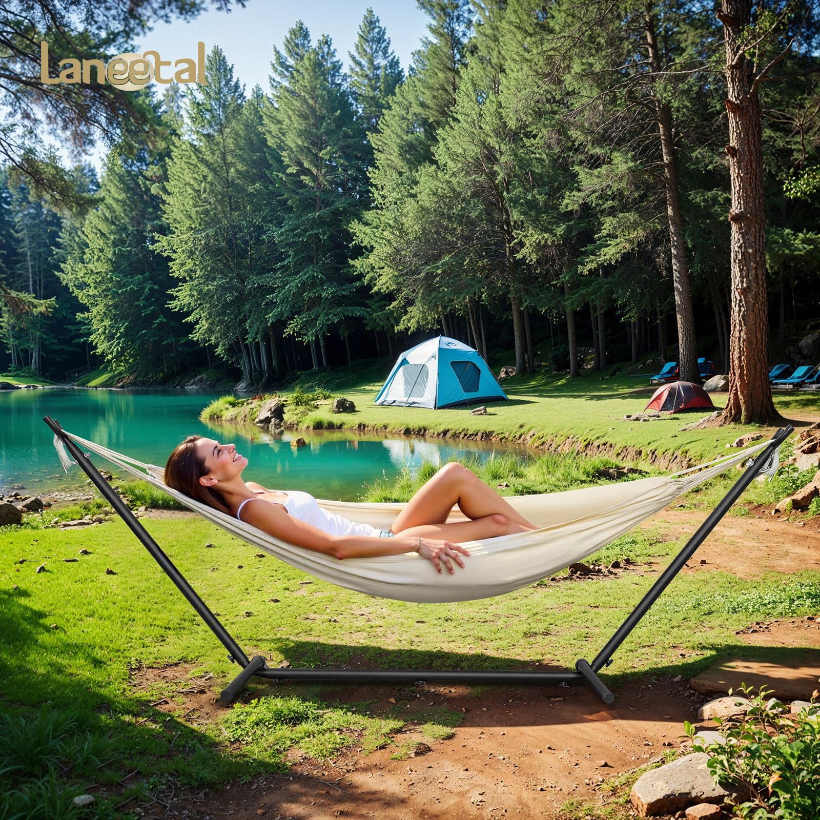 Laneetal Hamaca Jardín Tumbonas, Hamaca para 2 Personas con Soporte Metálico, Capacidad 250 kg, con Bolsa de Transporte, para Terraza, Jardín y Piscina, 280x106x100 cm (Beige, 280x106x100 cm)