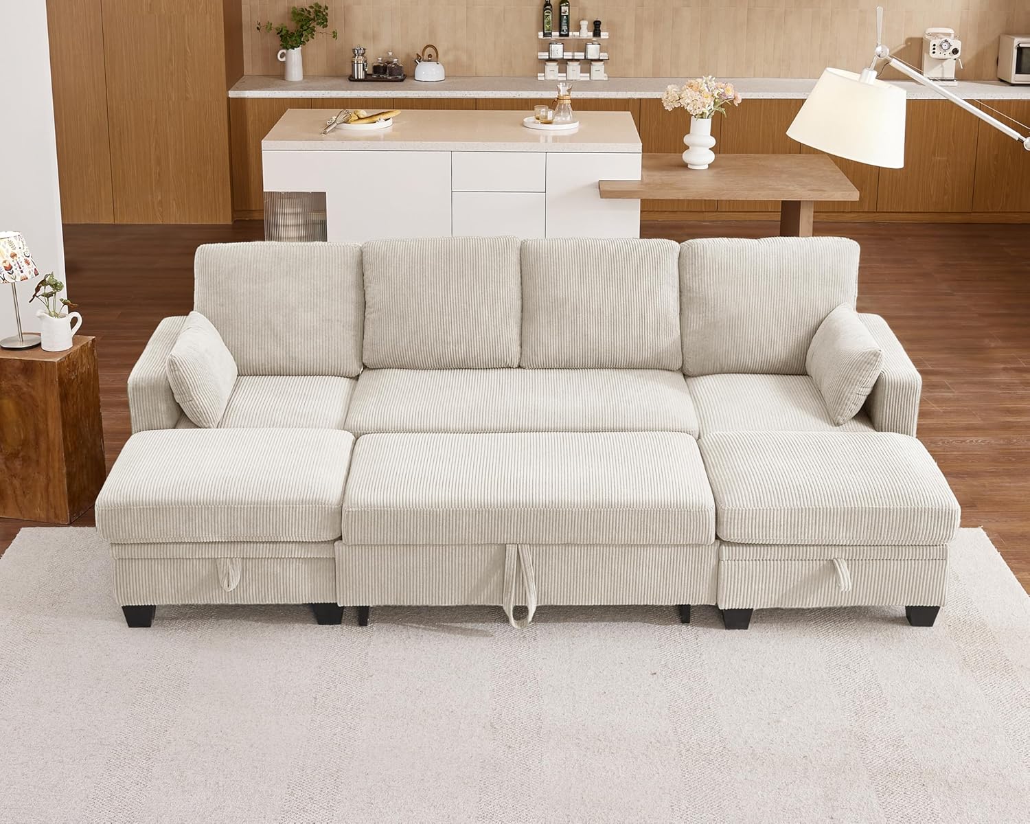 Modular Sofa with Pull Out Bed, Corduroy Sectional Convertible Shaped Sleeper with Storage Ottoman,11 Seater Reversible Chaise Couch for Furniture Sets, Living Room (8 Seater 101" W* 52" D, Beige) 8 Seater 101"W* 52"D Beige