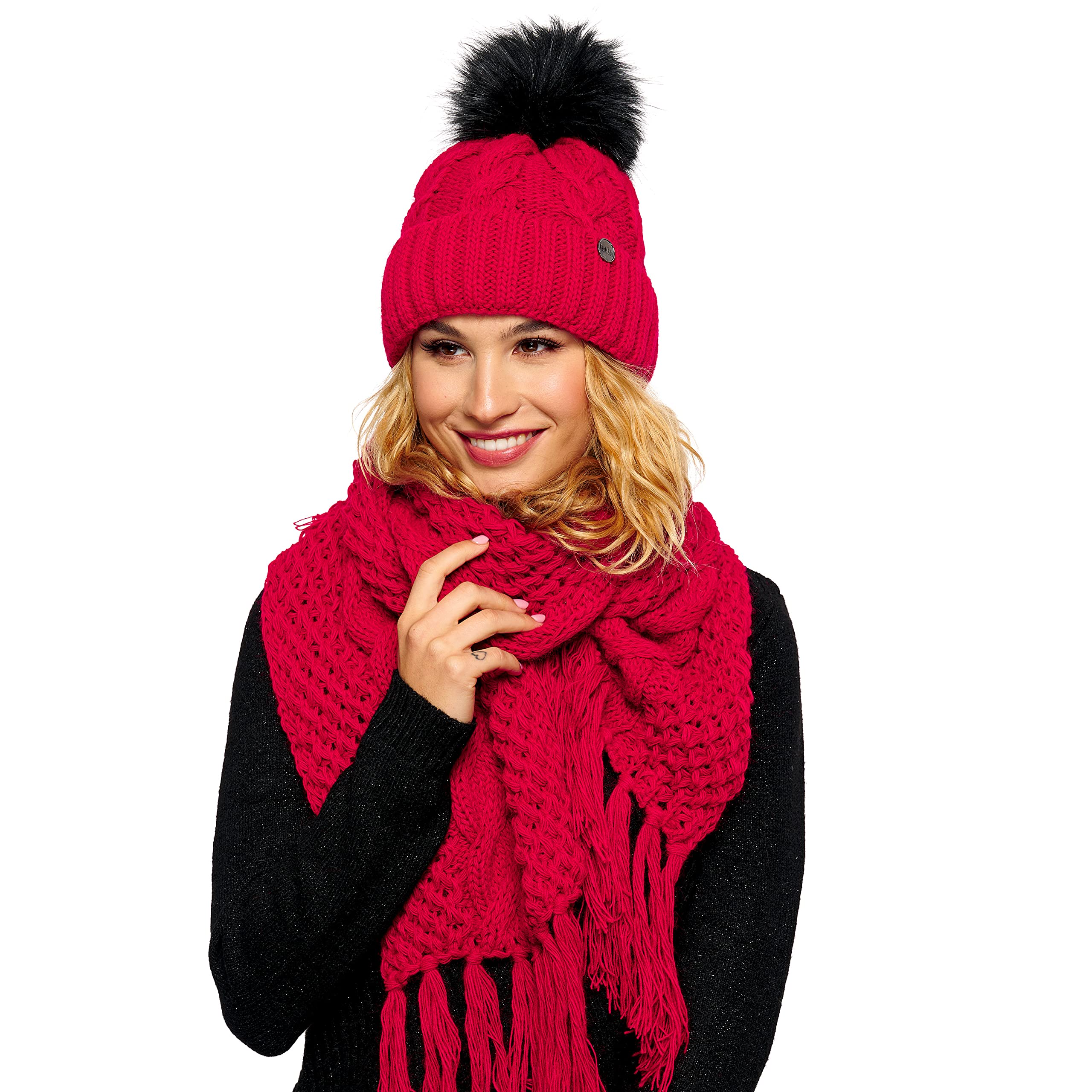ELIMELI® Bonnet d'hiver pour femme avec pompon en fourrure polaire doublée – Bonnet chaud pour femme – Bonnet d'hiver avec pompon en fausse fourrure – Bonnet en tricot Slouch fabriqué en UE