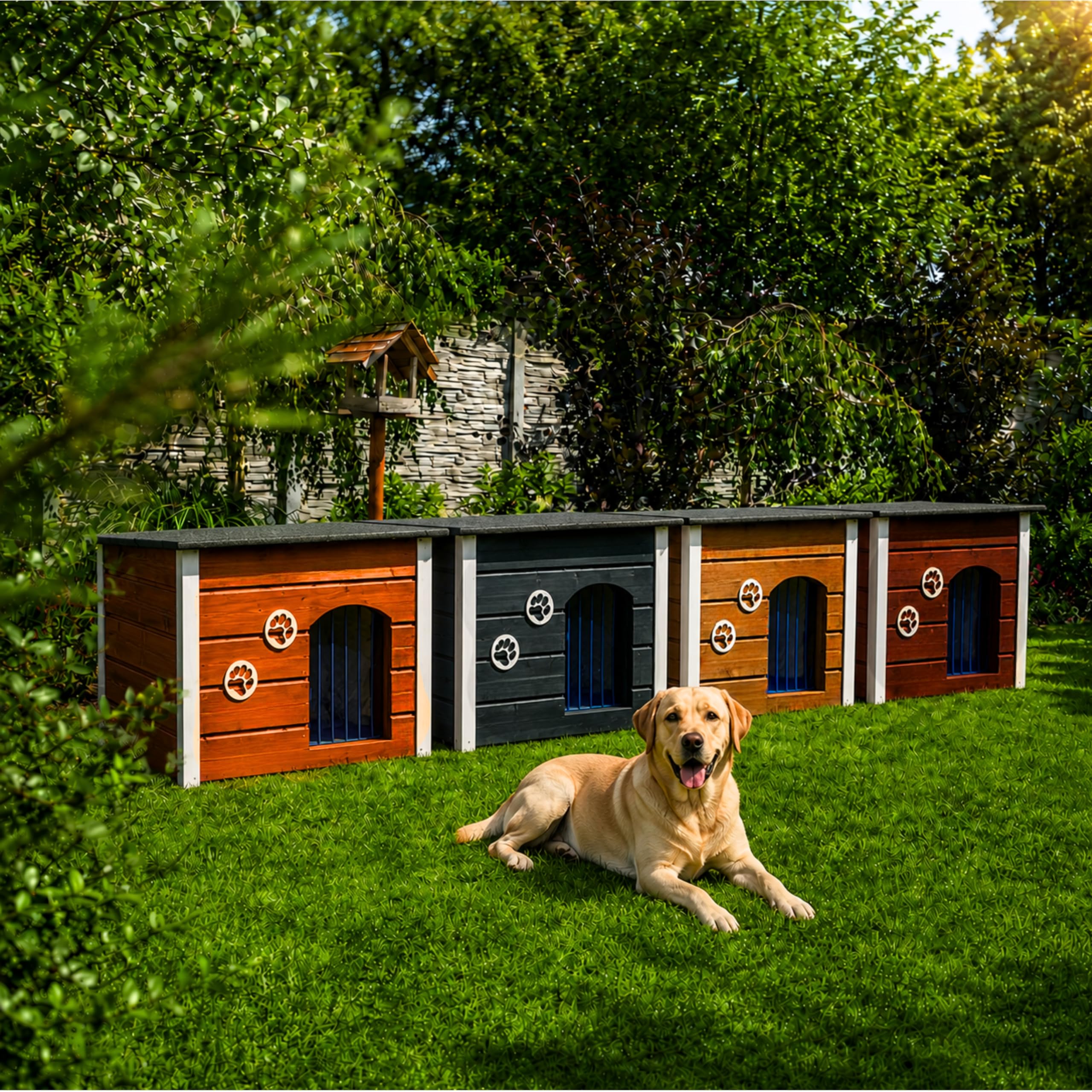 Outentin Hundehütte Outdoor Winterfest - Hundehaus für Große Hund - Isoliert und Wetterfest - Hunde Haus für Draußen mit zum Öffnen Flachdach - Stabile und Moderne Villa - 105 x 71 x 64cm - Teak