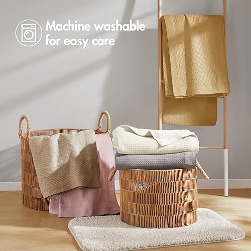 Miniatura 7 de Madison Park Manta suave certificada 100% algodón egipcio, transpirable, acogedora, diseño clásico de punto gofre, lujosa funda ligera para todas