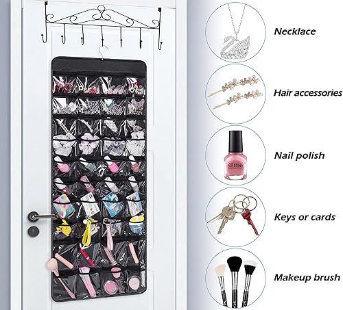 Miniatura 6 de MISSLO Organizador de joyas colgante de doble cara con 40 bolsillos y 20 ganchos y bucles, soporte para collar de armario para aretes, pulsera,