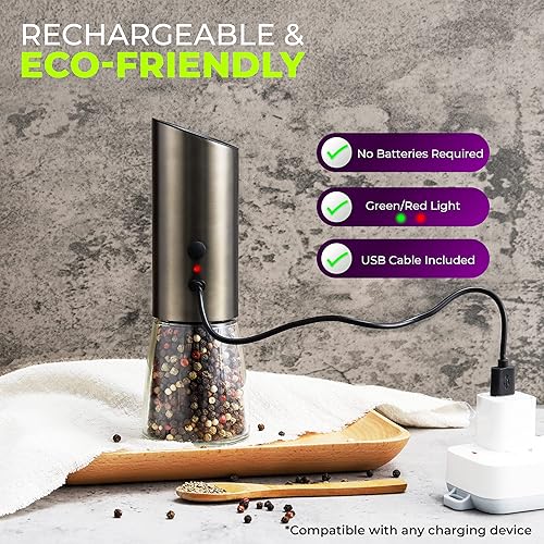 Miniatura 2 de Molinillo eléctrico recargable de sal o pimienta, molino por gravedad automático con grosor ajustable, acero inoxidable cepillado, cuchillas de