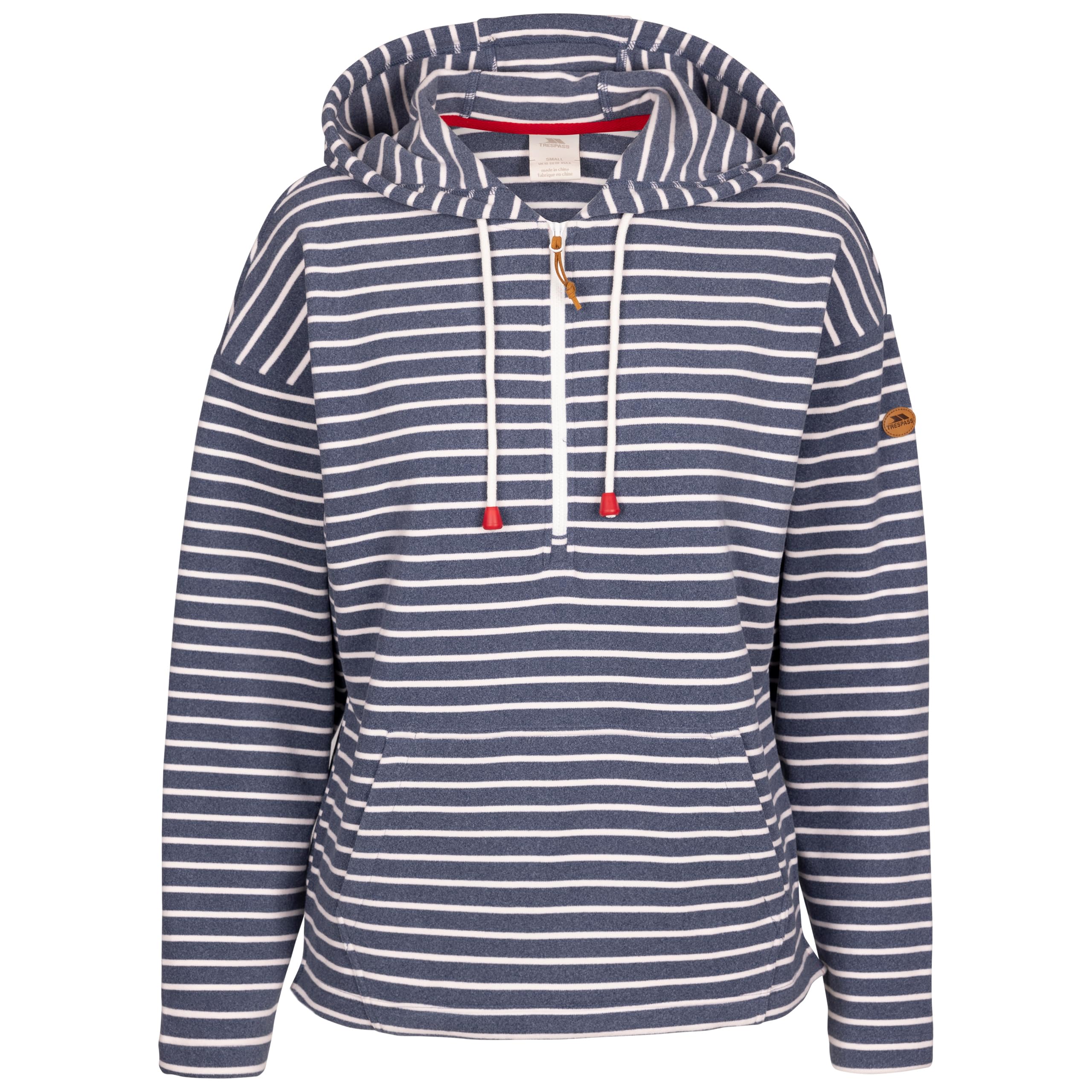 Trespass Women's Navy Casual Hoodie Softly - Yarn-Dyed Stripe, Soft Hand Feel, Brushed, Grown On Hood, Cord Ties, Kangaroo Pocket, 1/2 Zip, Side Vents, Long Sleeves, Contrast Trims
