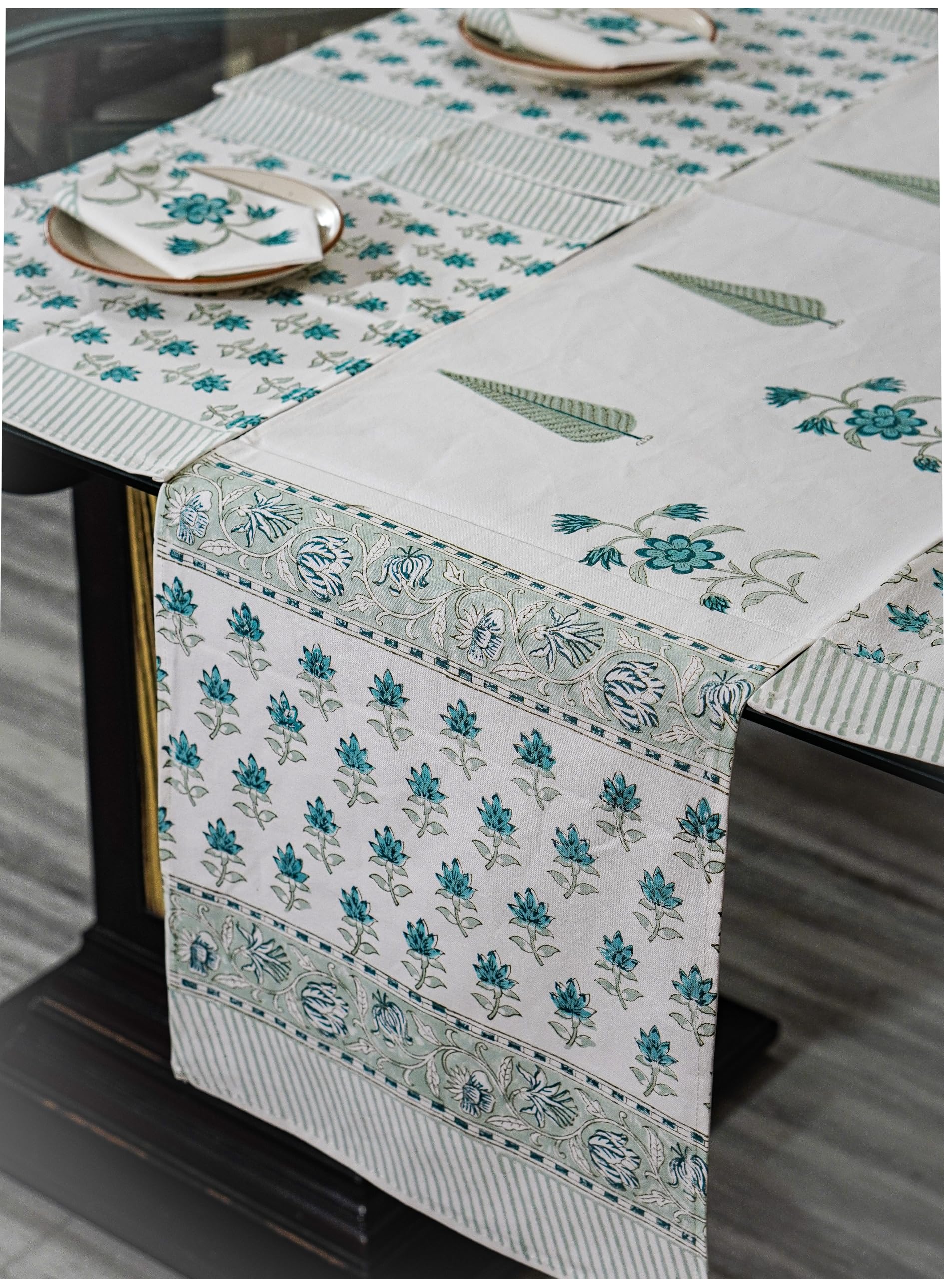 Cotton Dining Table Linen Set with Runner, 6 Placemats and 6 Napkins for Kitchen Meals, Farmhouse Tablescape Decoration, Soft Textured Fabric for Indoor Hosting, Mint Green-image-0