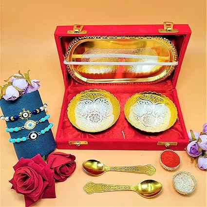Jaipur Ace Premium Rakhi Gift Brother | Evil Eye Rakhi For Brother With Gift Silver And Gold Plated Bowl Set | Handmade Evil Eye Rakhi With Roli Chawal for Bro/Brother/Bhaiya/Bhai (3 Rakhi with Double Rakhi)