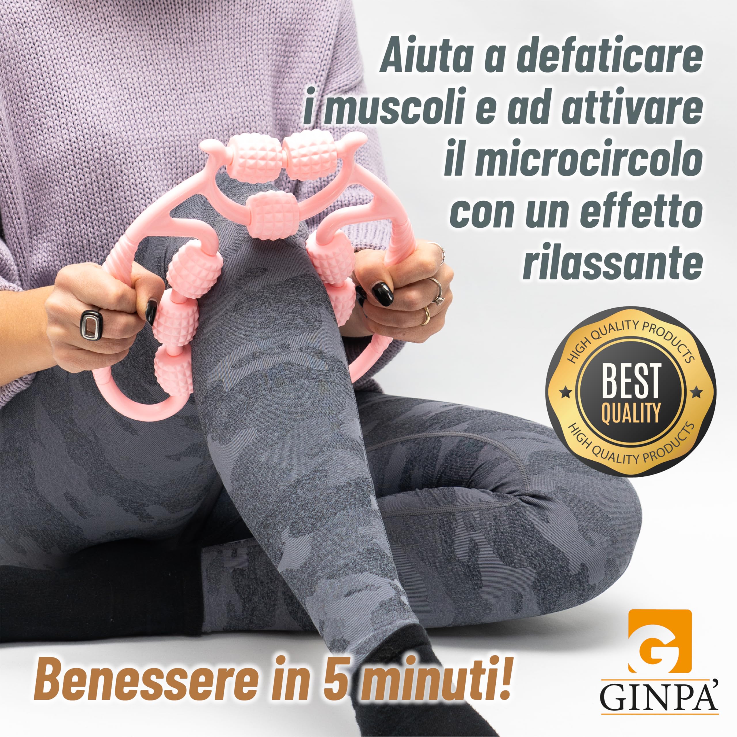 Rullo Anticellulite Manuale a 9 Ruote GINPA' – E-Book incluso - Massaggiatore Gambe, Cosce e Glutei – Massaggio Muscolare Profondo – Forma Ergonomica in ABS Resistente – Anti-Lividi, Facile da Usare