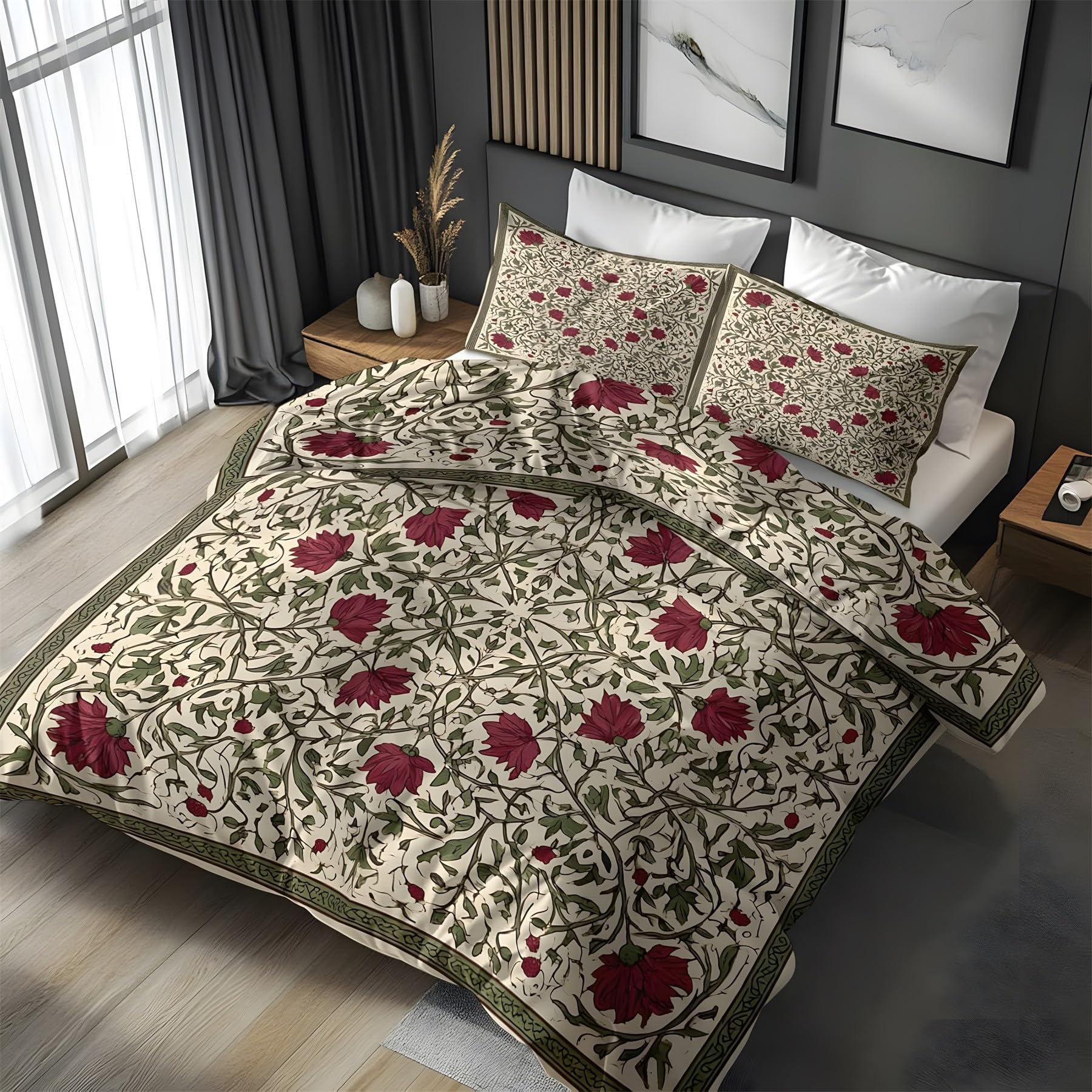 Housse de Couette 200x200 Parure de Lit Microfibre Doux Beige Fleurs 65x65