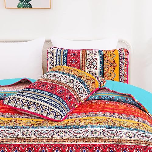 Vista 208 de WONGS BEDDING Juego de edredón bohemio tamaño Queen Aqua, juego de colcha de 3 piezas a rayas, de microfibra ligera y suave bohemia para todas