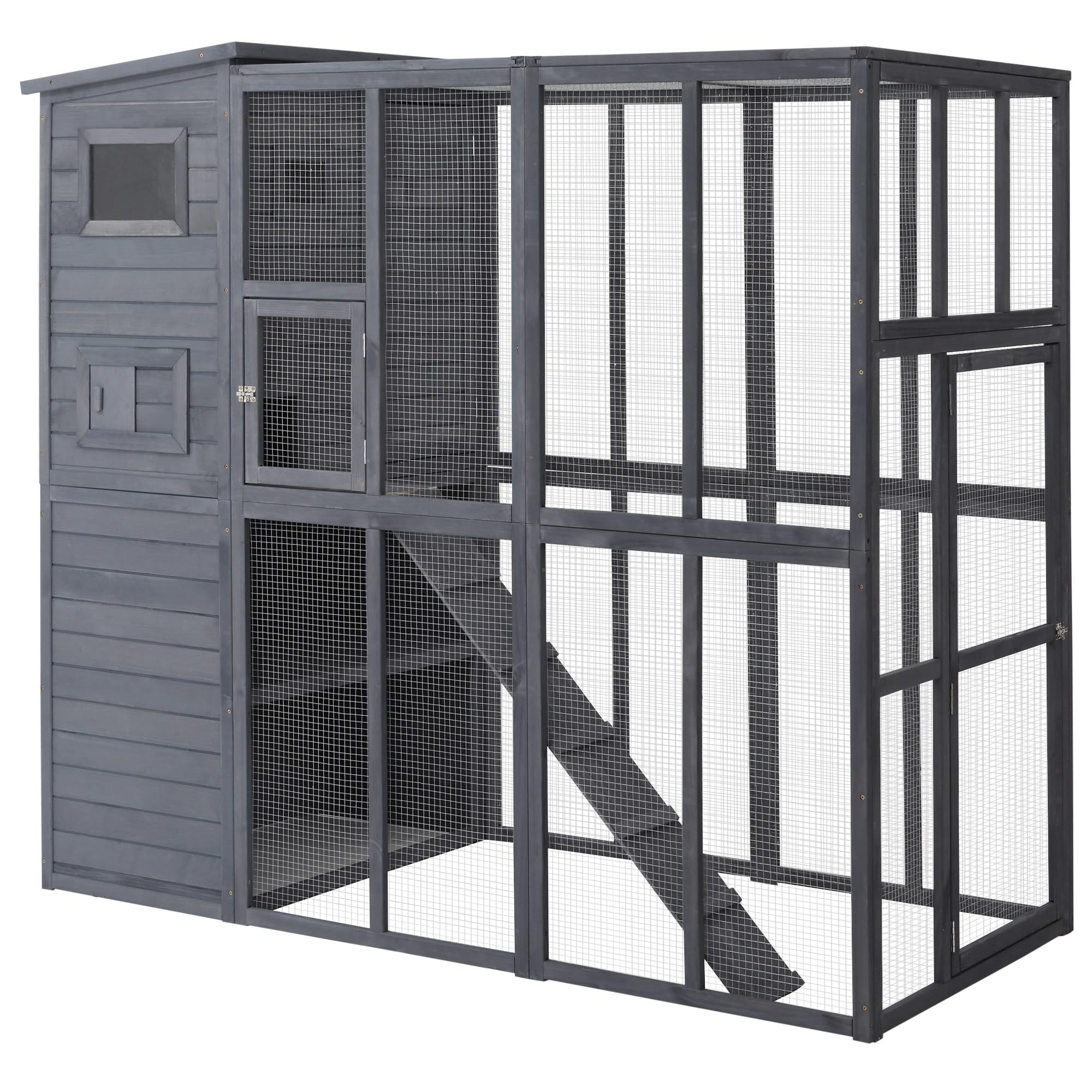 PawHut Catio Outdoor Cat Enclosure, Wooden Patio Cat Window Box with Platforms, Waterproof Asphalt Roof, Ramps, 77" L, Gray