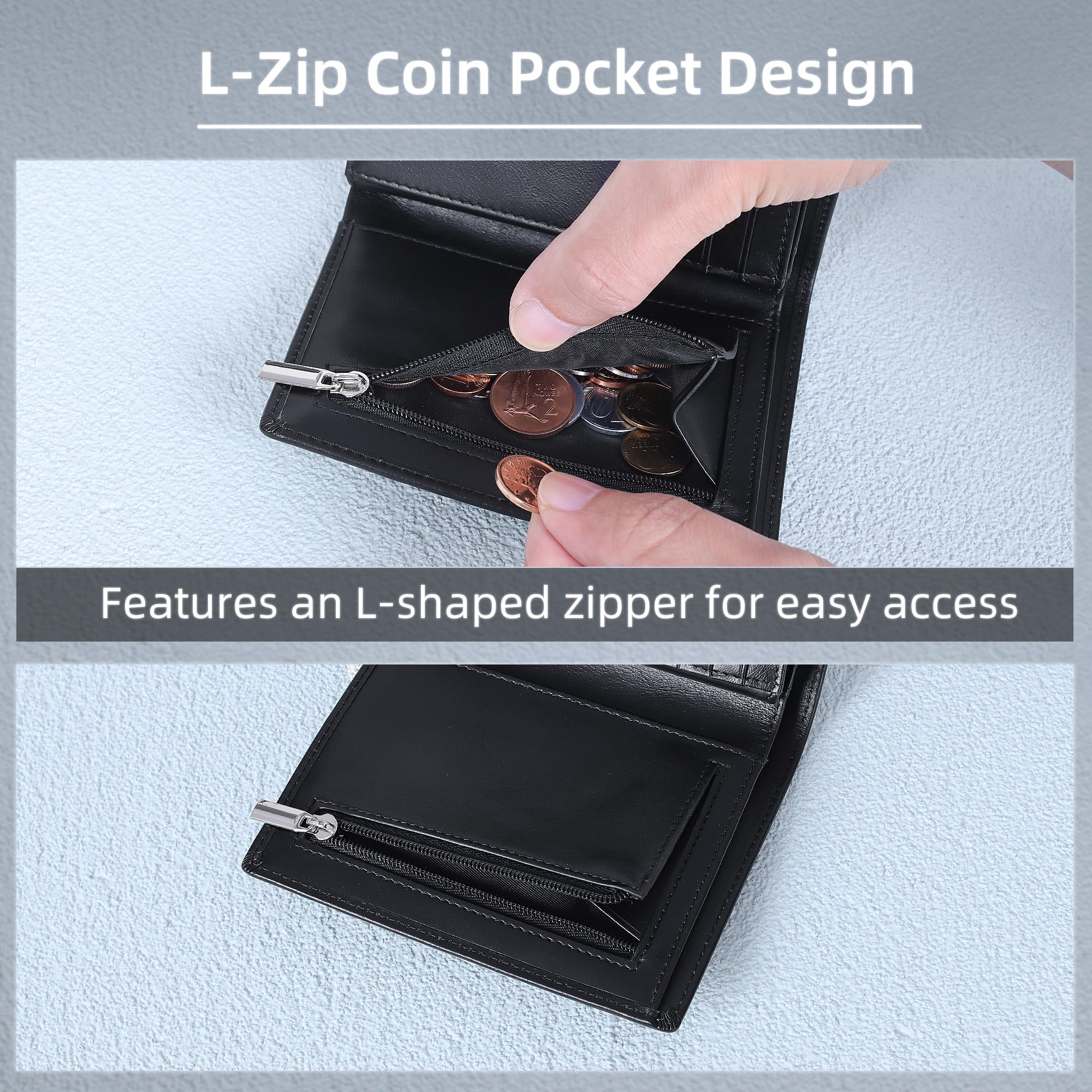 VISOUL Cartera de Piel Auténtica para Hombre con Protección RFID, Billetera Bifold Vertical de Piel, Monedero Cuero con Cremallera, 11 Ranuras para Tarjetas y 1 Compartimento para Billetes-Negro