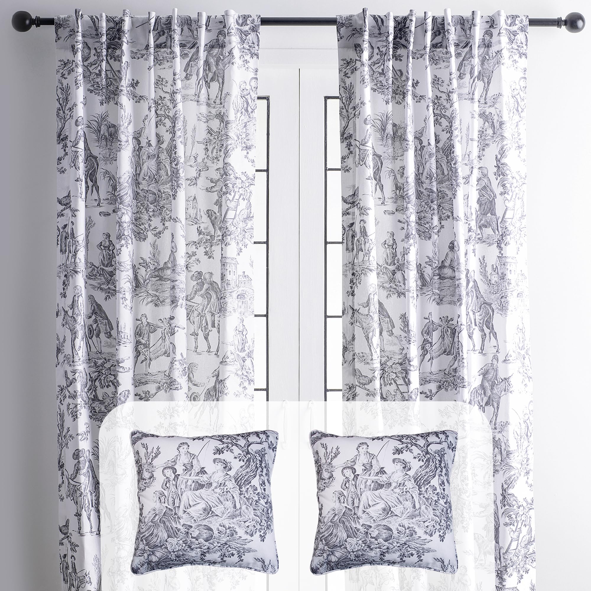 Maison d' Hermine The Miller - Paloma Grey (White) Bundle Set – 100% Cotton Curtains (96 Inch x 50 Inch, 2 Panels) & 2 Decorative Pillow Covers (20 Inch x 20 Inch)