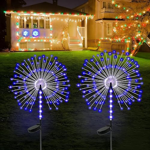 Miniatura 12 de Paquete de 4 luces solares decorativas para exteriores con 480 LED, luces solares impermeables de fuegos artificiales con 8 modos, adecuadas