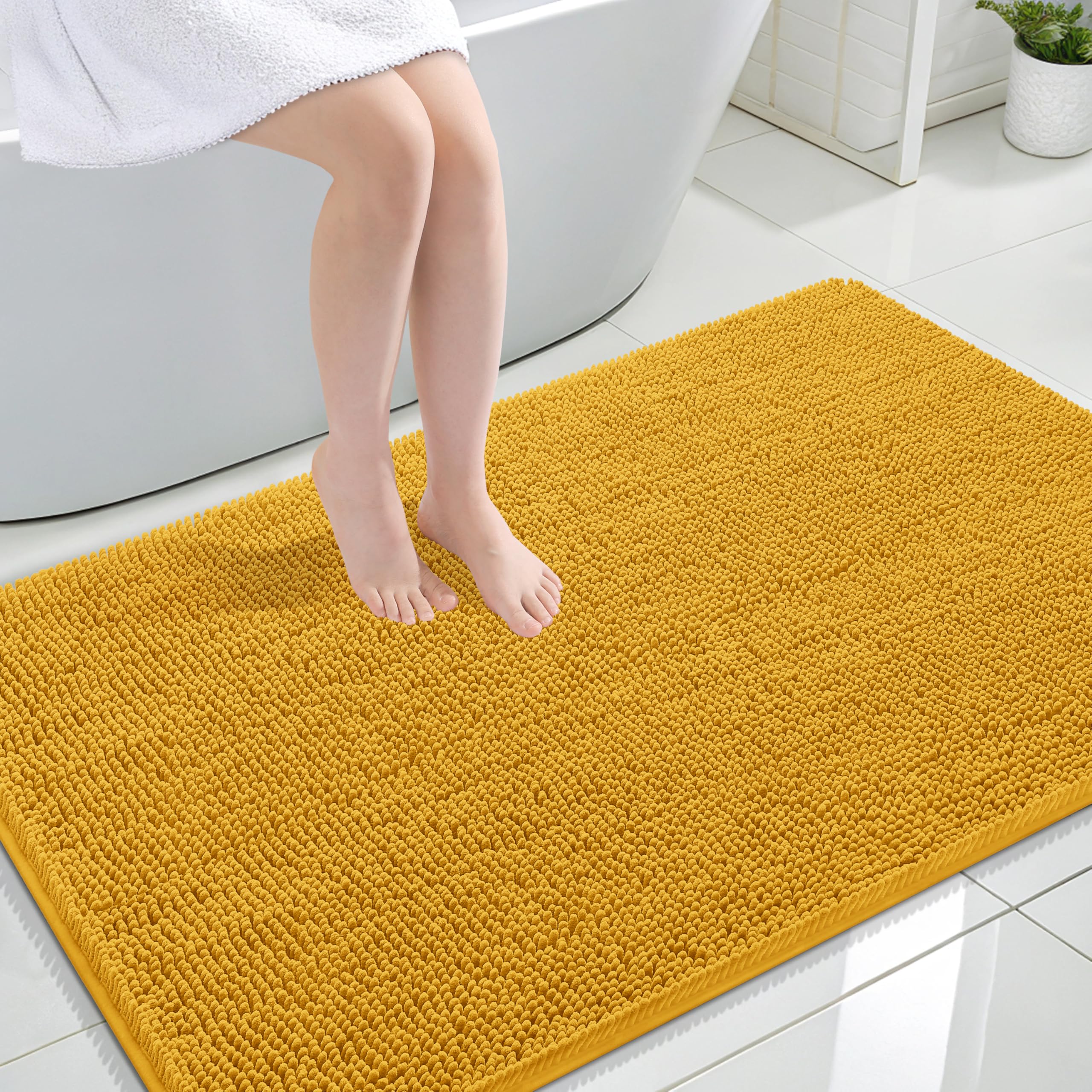 OLANLY Large Bathroom Rugs 44x32, Extra Soft Absorbent Chenille Bath Rugs | Golden Yellow, Quick-Drying Rubber Backing, Washable Bath Mat for Bathroom Floor, Tub and Shower, Home Decor Accessories