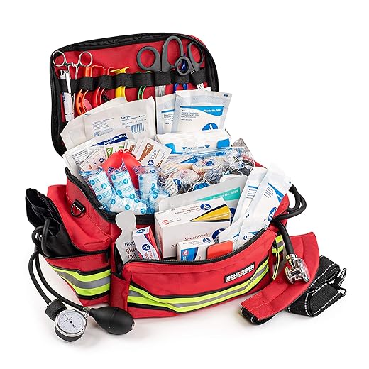 Scherber First Responder Fully-Stocked Professional Essentials EMT/EMS Trauma Kit | HSA/FSA Approved | Reflective Bag w/8 Zippered Pockets & Compartments & 200+ First Aid Supplies - Red