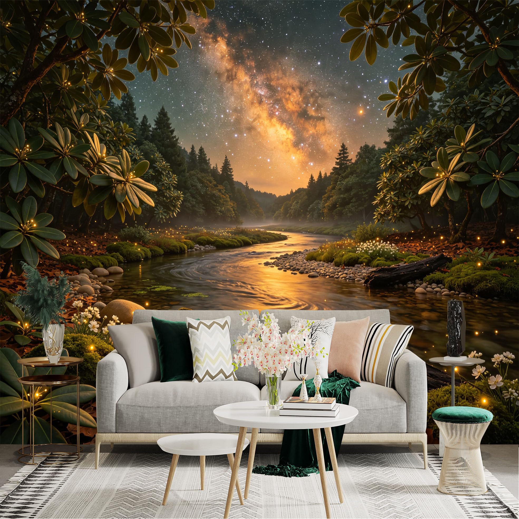 Lnzczhyre Bh260719192 Custom Size Wall Sticker Mural， Milky Way Over Tranquil River， Glowing Forest Landscape， Enchanted Nature Scene， For Wall Decoration， Peelandstick Wall Decals.