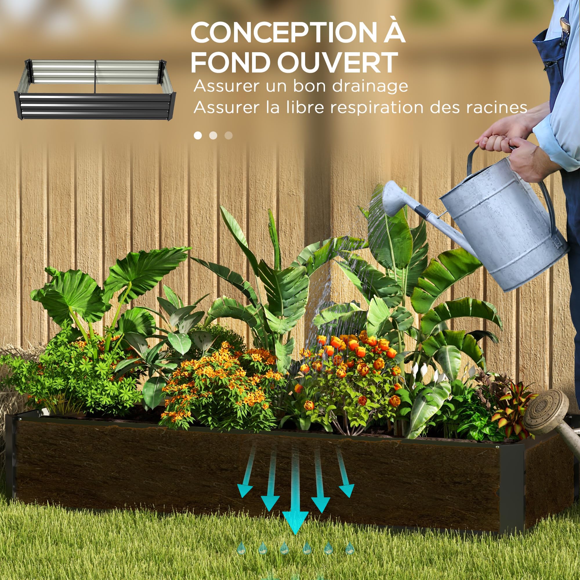 Outsunny Jardinière rectangulaire Potager de Jardin bac à Fleurs en Acier avec Bordure de sécurité et Fond Ouvert dim. 150L x 70l x 30H cm Noir