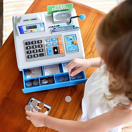 Miniatura 5 de Ben Franklin Toys Talking Toy - Caja registradora de 69 piezas STEM Learning con 3 idiomas micrófono de paginación tarjeta de crédito tarjeta