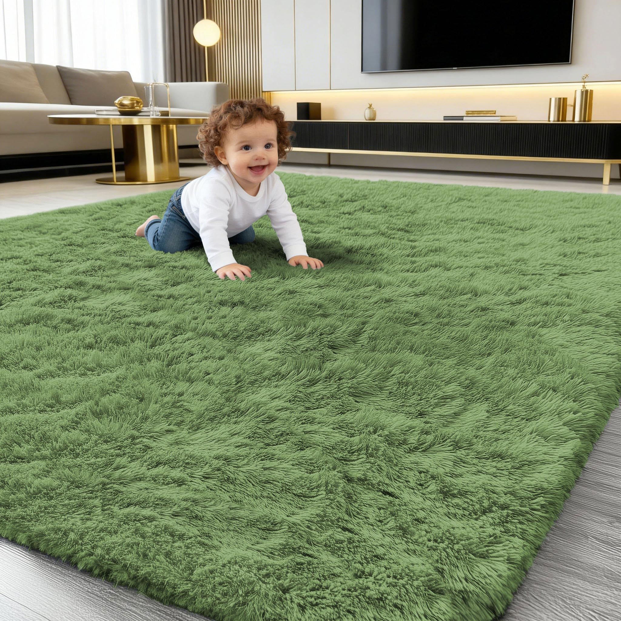 smiry Fluffy High Pile Rugs Living Room, Anti Slip Shaggy Soft Carpet, Machine Washable Modern Large Thick Area Rugs for Bedside, Kids Bedroom - Olive Green, 120 x 160 cm