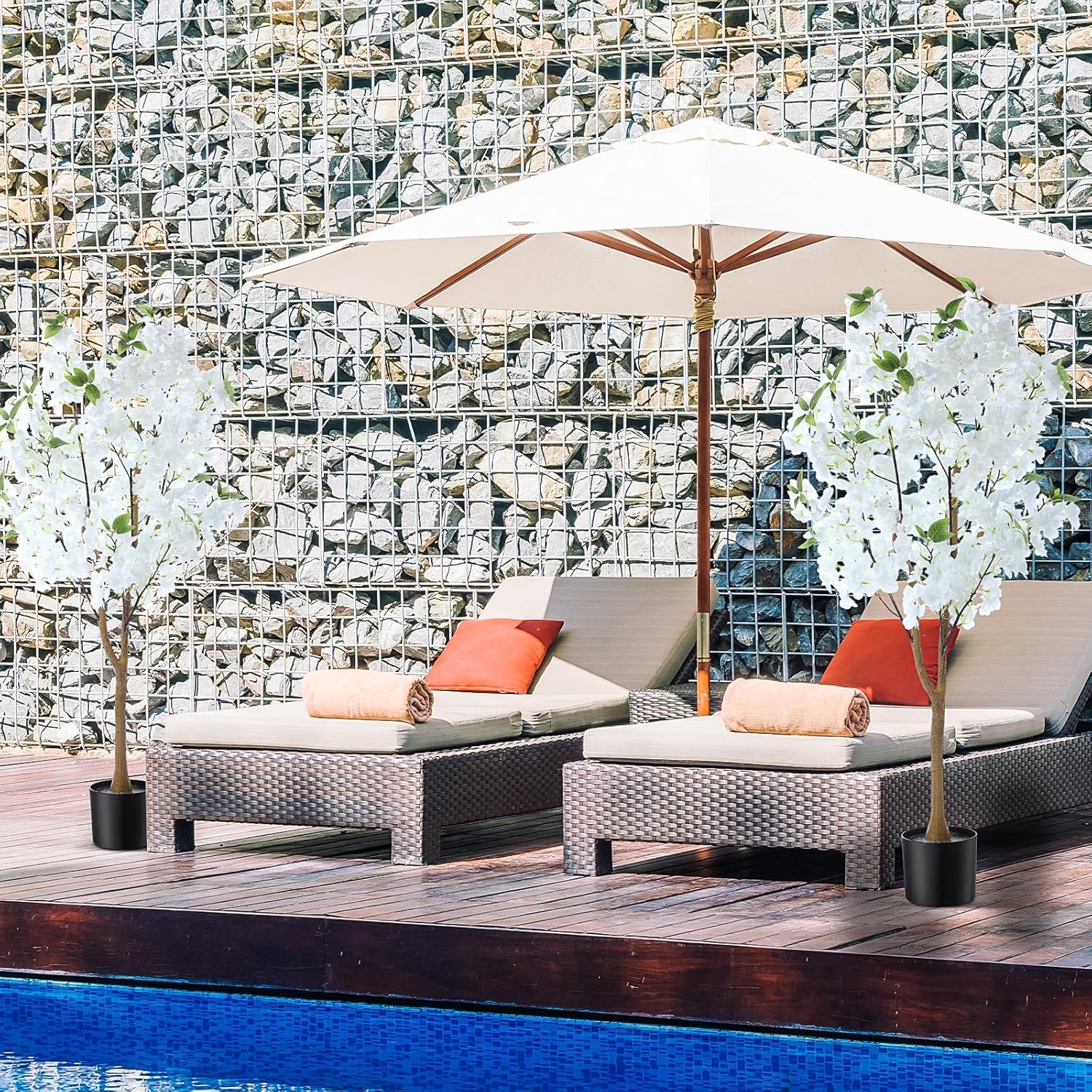 Giegxin 2 Pack Artificial Cherry Blossom Tree 3.9 FT Fake Faux Sakura Flowers Potted Plant Indoor with Plastic Nursery Pot for Home Porch Bedroom House Entryway Office Outdoor (White)