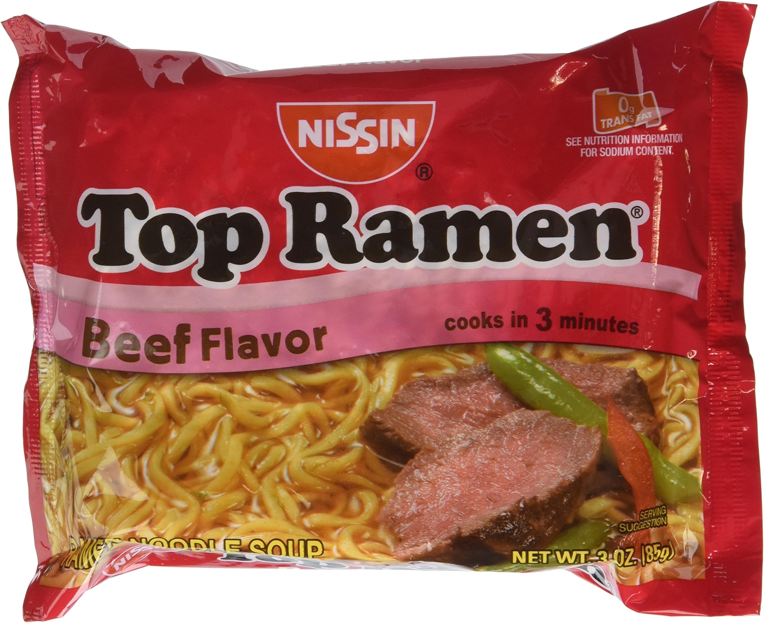 Nissin Top Ramen Beef Flavor Ramen Noodle Soup 3 Ounce (Pack of 24)
