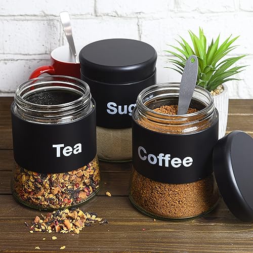 Miniatura 4 de Juego de recipientes de café de té de azúcar, recipientes negros para cocina, acero inoxidable con redacción, juego de recipientes de café de té de