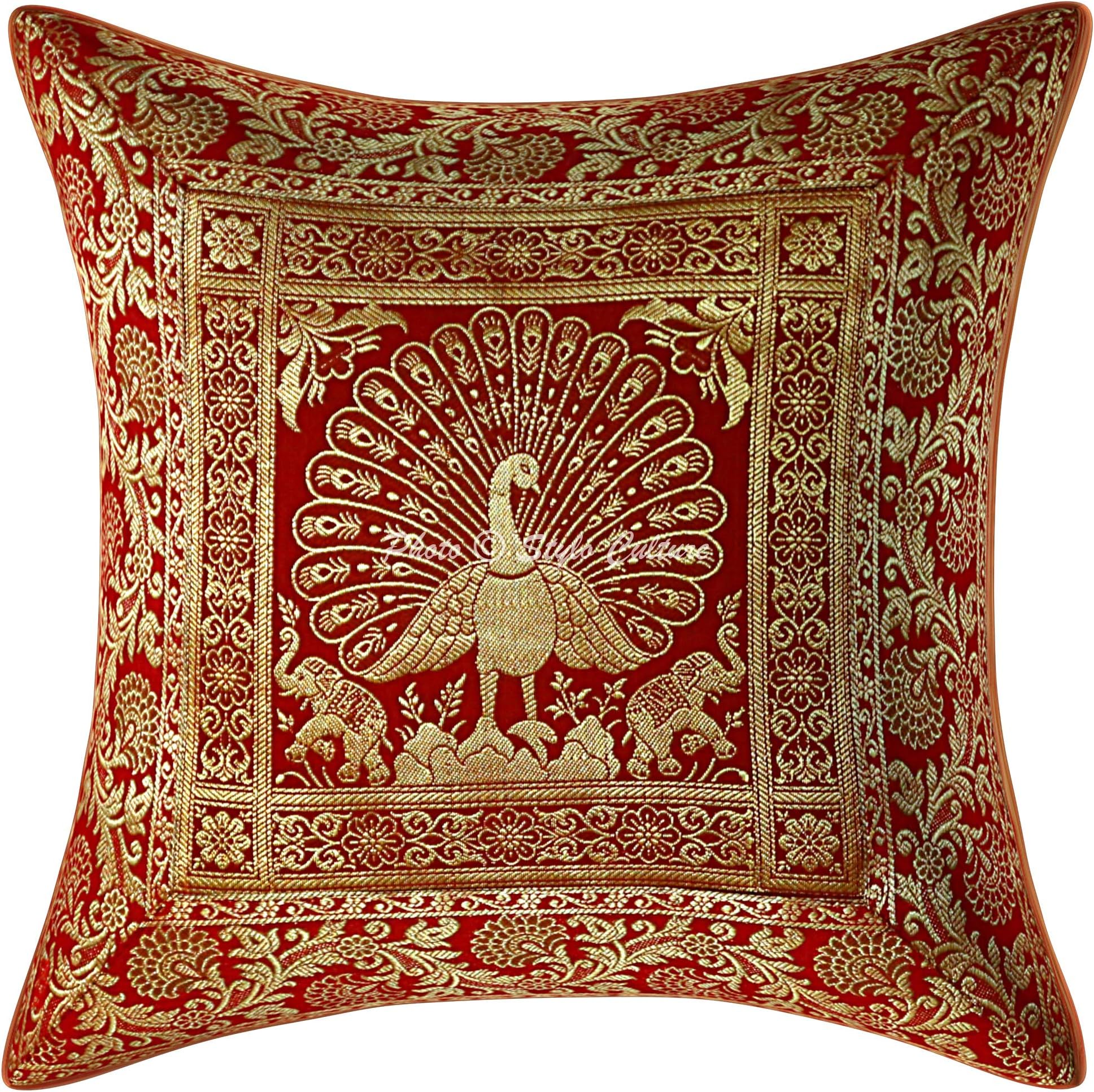 Ethnic Brocade Couch Lounge Scatter Cushion Covers 16x16 Inch Red Gold Dancing Peacock 40cm x 40cm Jacquard Square Decorative Floral Throw Pillowcase - (1 Pc)