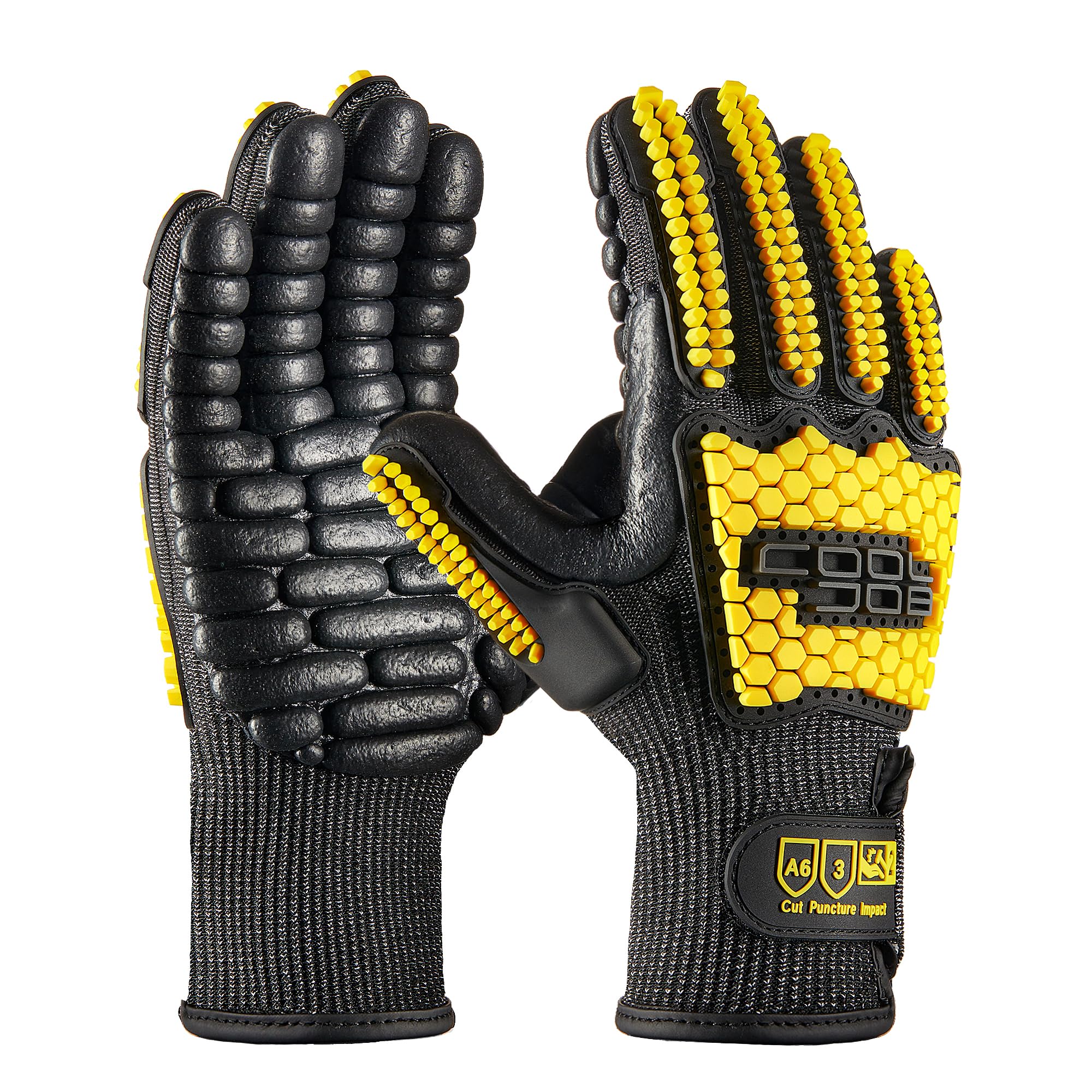 COOLJOB A6 Cut Resistant Gloves, Anti Vibration Work Gloves with TPR Impact Reduce Mittens, Palm Rubber Patch Shock Absorption for Mechanics, Construction and Heavy Duty Tasks, M