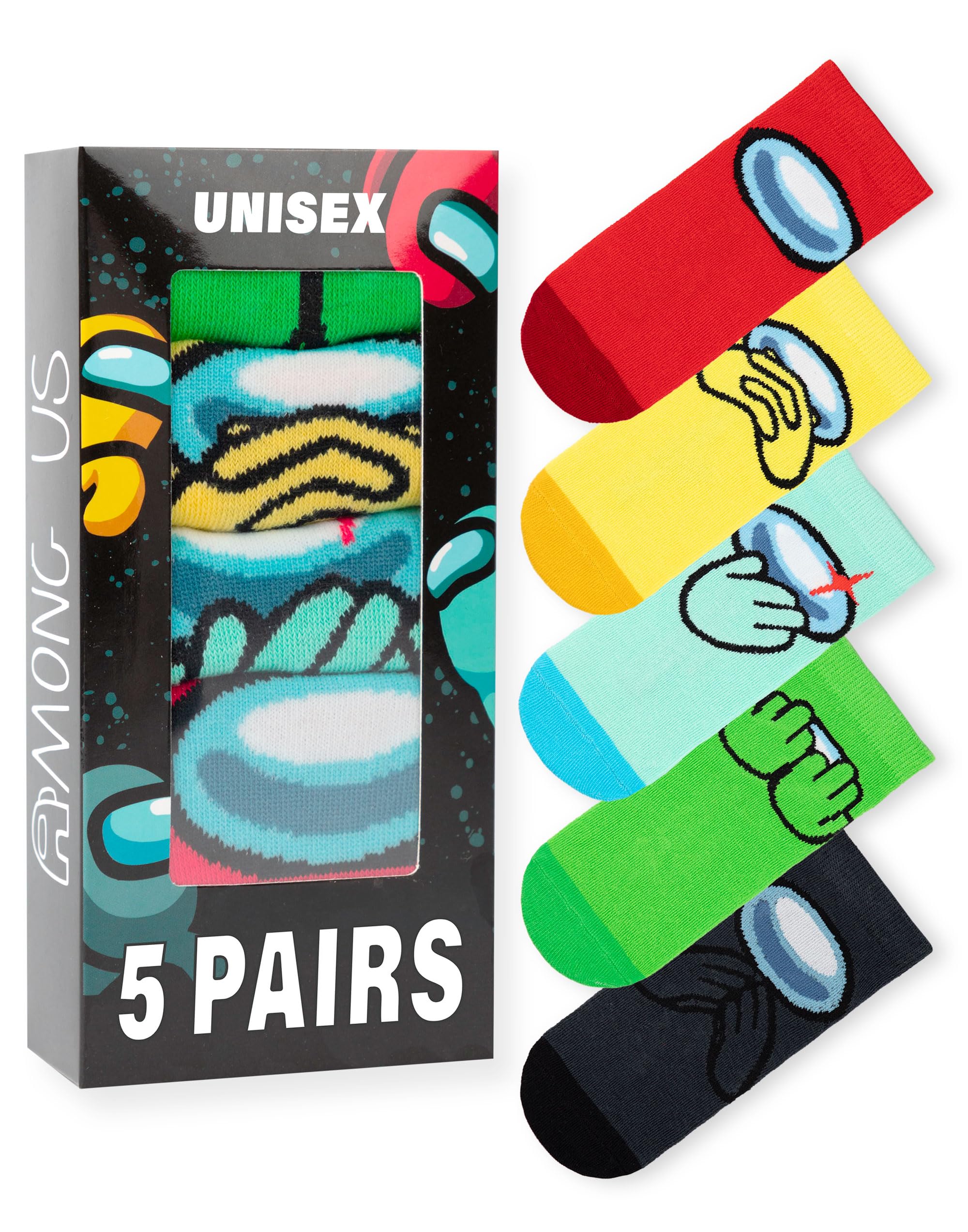 Among Us Crewmates Multicoloured Socks | 5 Pairs of Fun Graphic Designs for Boys | Comfortable & Playful Game Merchandise | Red, Yellow, Green, Blue & Black Character Apparel