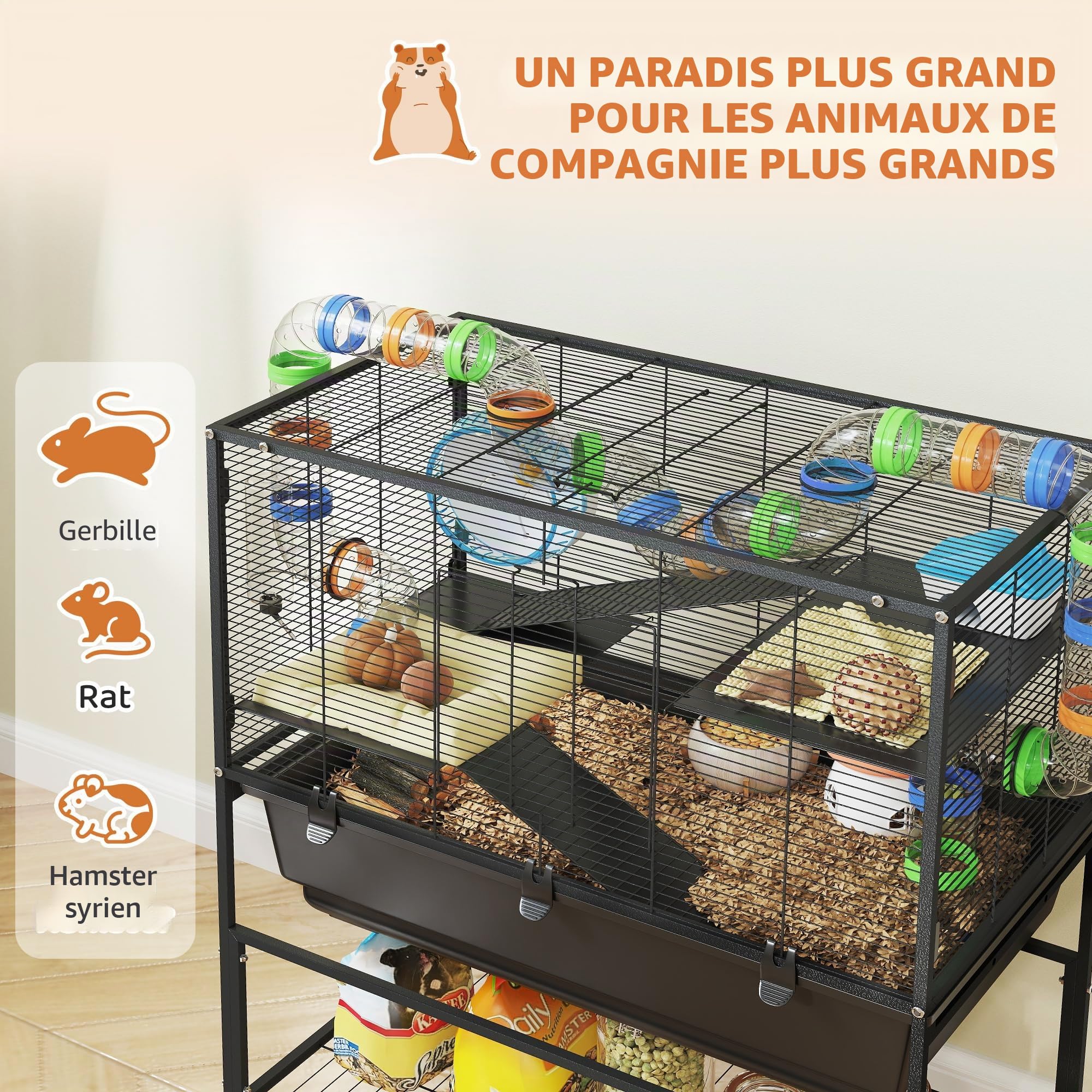 PawHut Hamster Cage, 3 Tier Large Gerbil Cage on Wheels with 17 cm Deep Tray, Storage Shelf, Big Exercise Wheel, Tube System, Hut, Platforms, Ramps, Food Dish, Water Bottle, for Syrian Hamsters, Rats