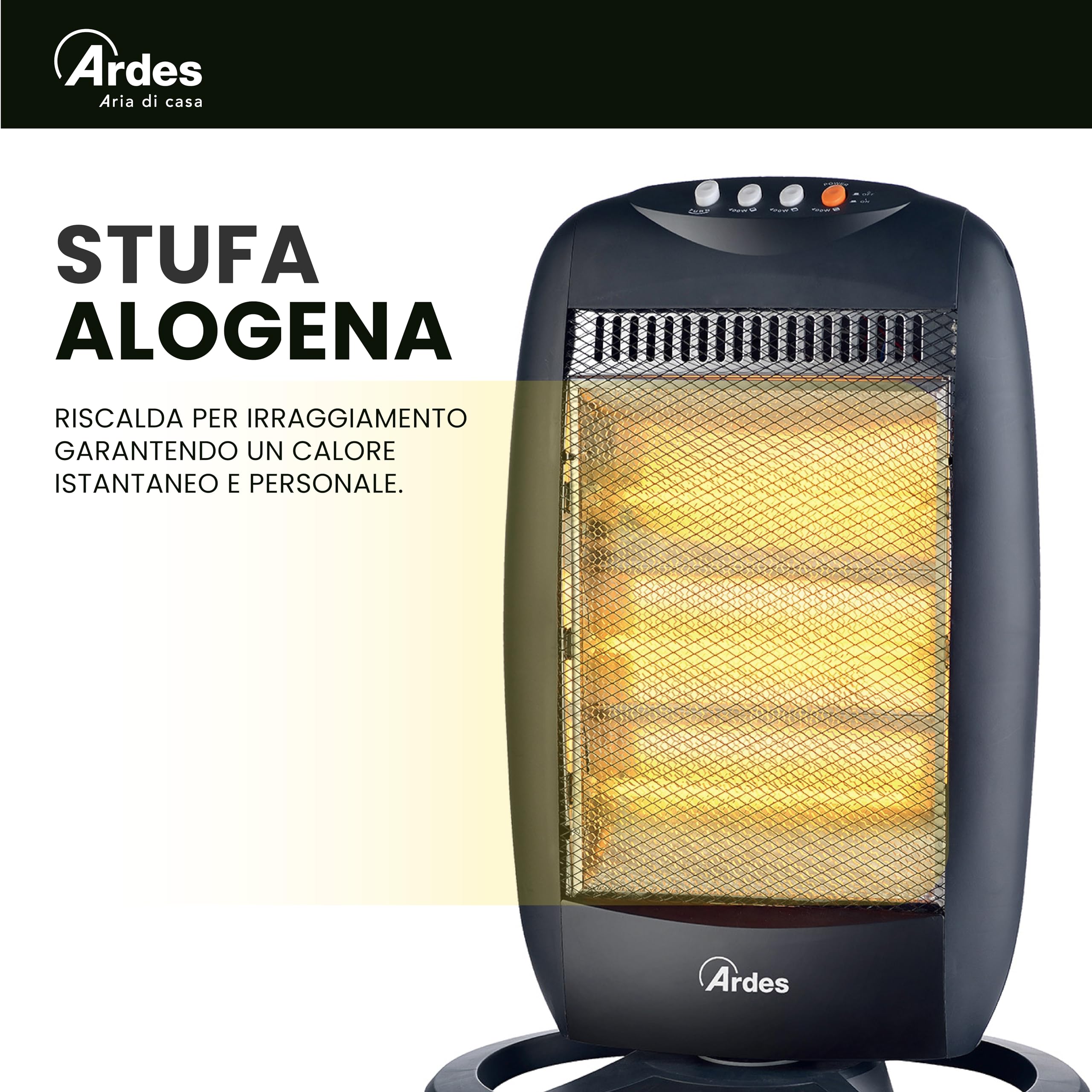 ARDES HALO 12 AR454B Stufa elettrica alogena 1200 W con 3 livelli | oscillazione orizzontale e copertura 40 m³, termoventilatore a basso consumo per uso domestico