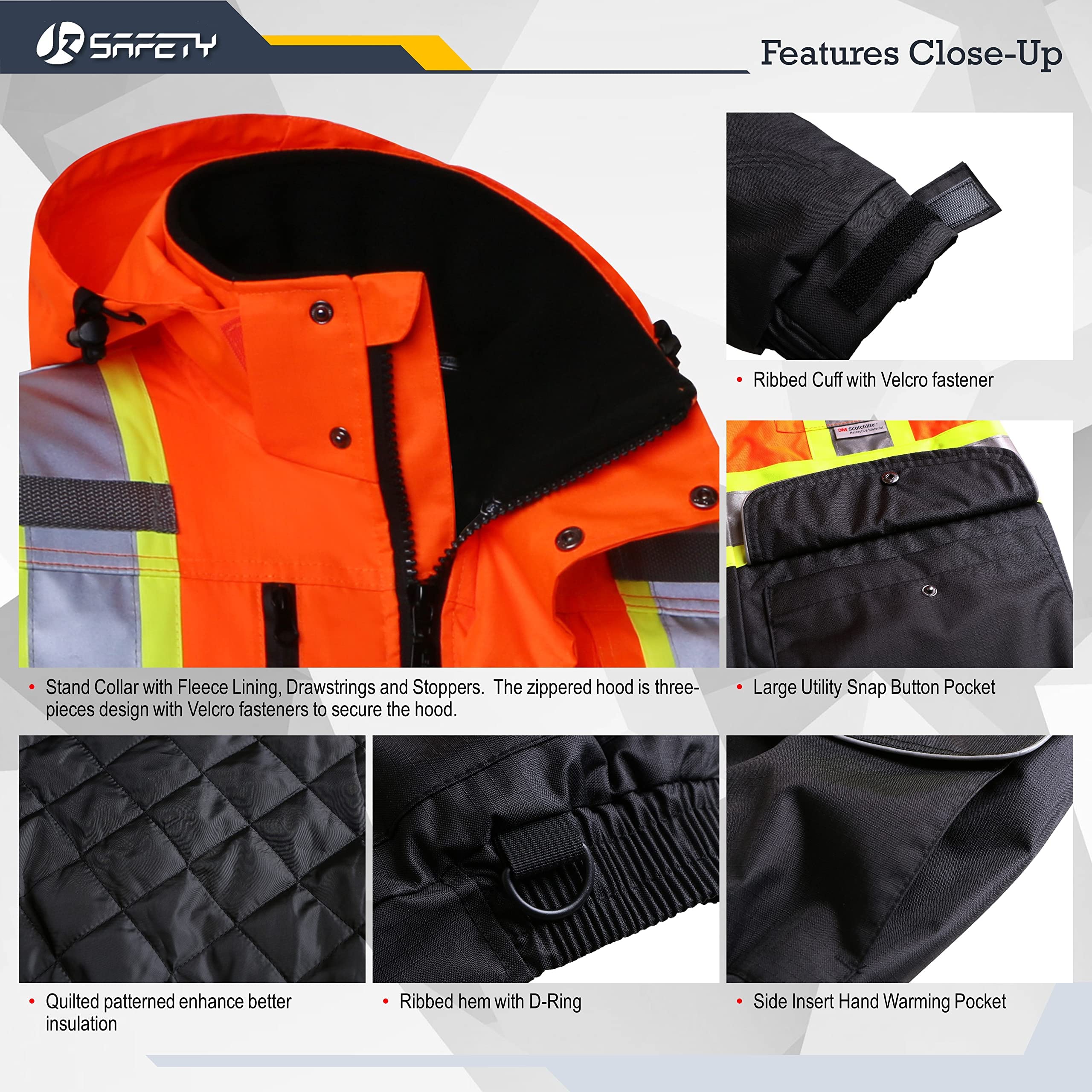 JKSafety Hi-Vis Winter Bomber Jacket - Waterproof Reflective Work Jacket With 10 Pockets