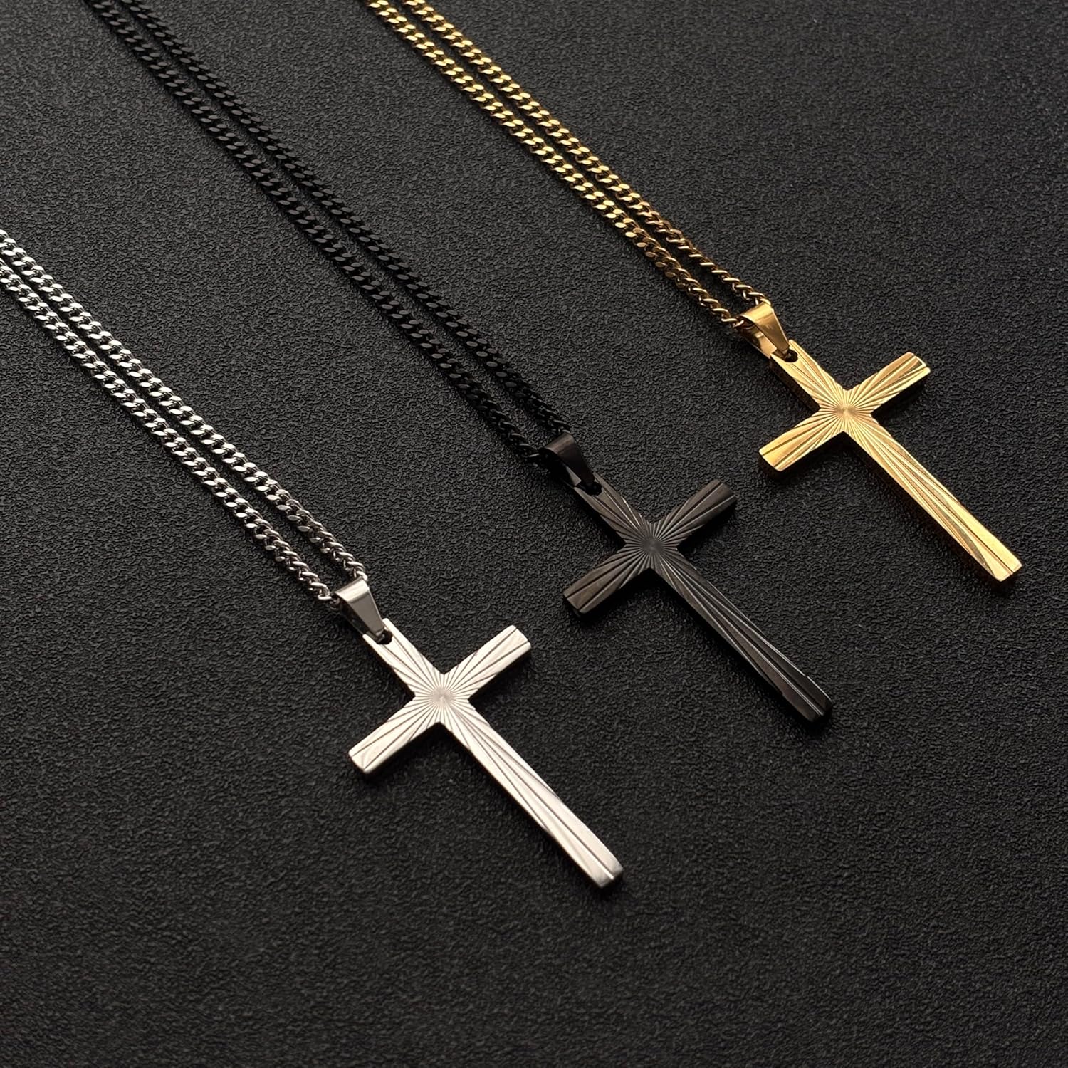Cross Necklace for Men, Stainless Steel Sunburst Cross Pendant, Non-Fading 3mm Cuban Chain, Black Silver Gold Christian Jewelry, Faith Necklace for Men and Women, Christmas Gifts for Him 18-24inch - Image 8