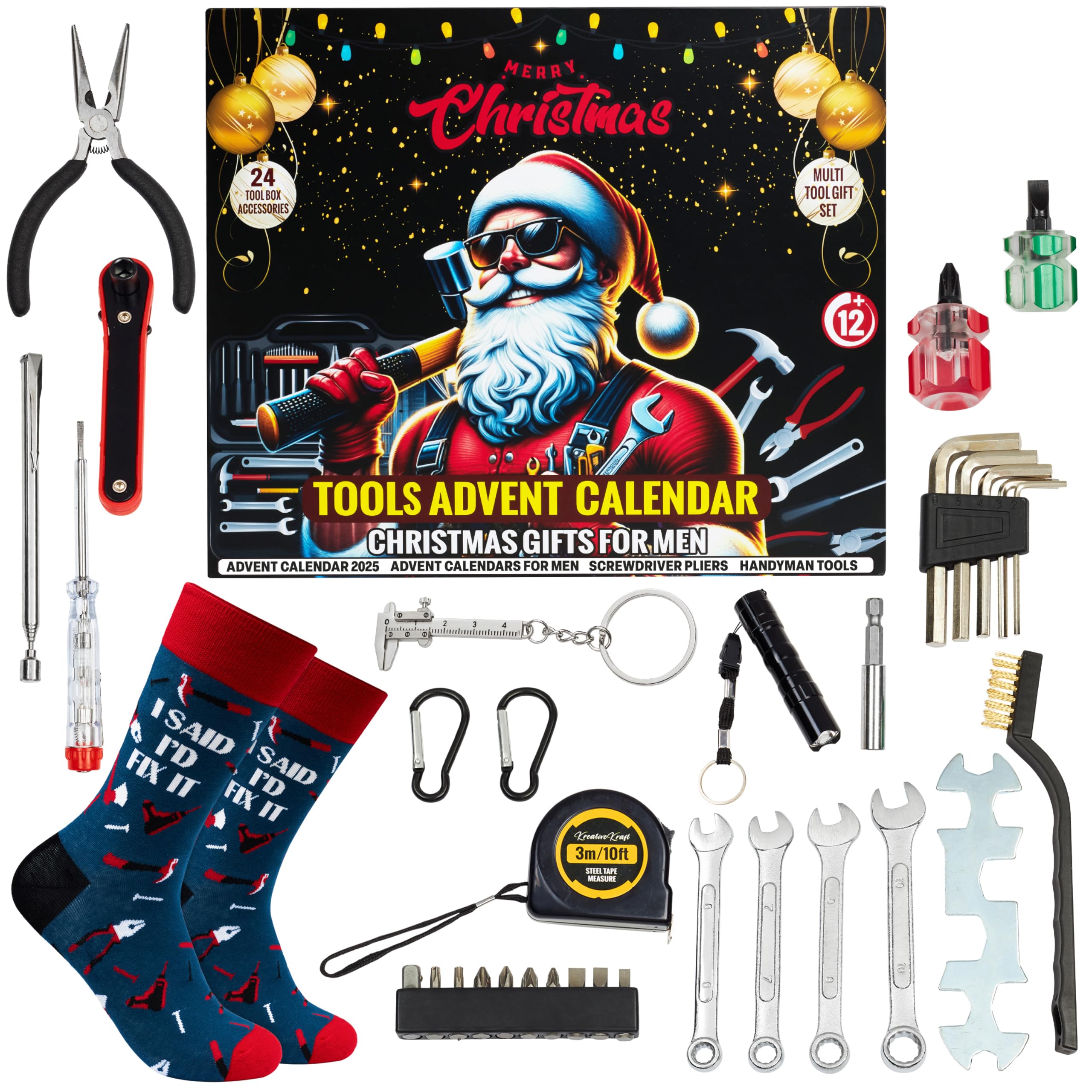 KreativeKraft Calendario Avvento Uomo Attrezzi 2025 con 24 Sorprese, Torcia, Pinze, Cacciavite, Chiave Inglese, Fascette Stringicavo, Regali per Lui