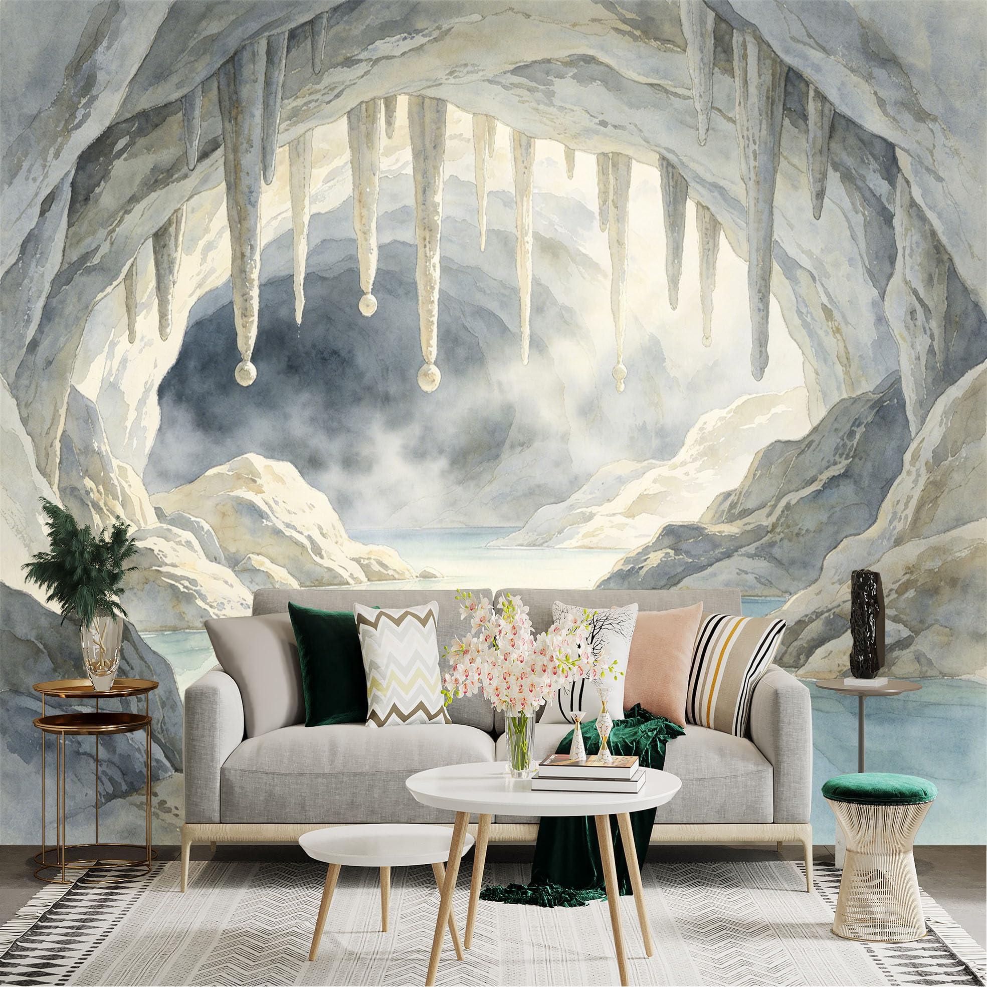 Lnzczhyre Dbh260521819 Custom Size Wall Sticker Mural， Subterranean Water Cave With Stalactites， Misty Underground Lake， Peaceful Nature Landscape， For Wall Decoration， Peelandstick Wall Decals.
