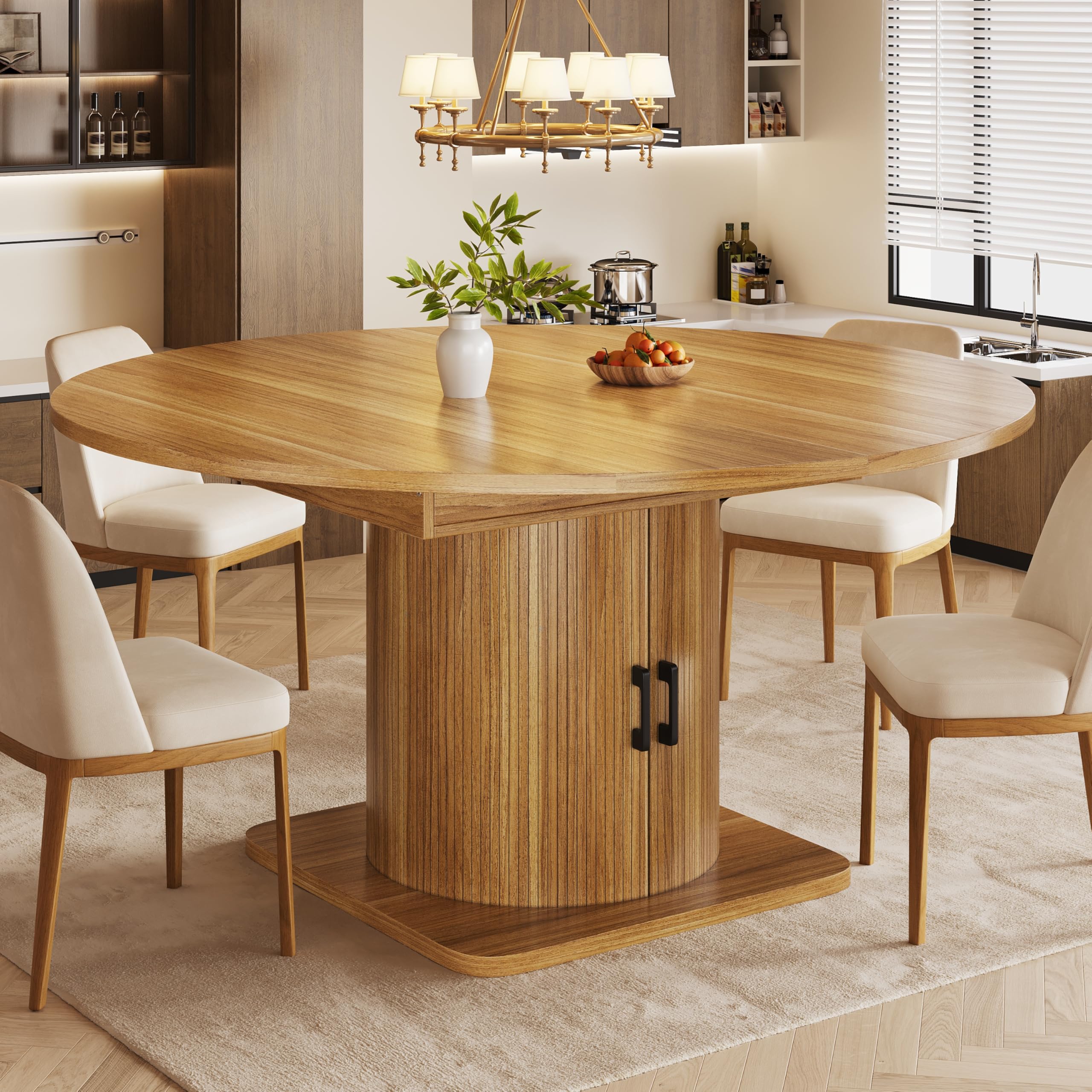 Merax Extendable Round Dining Table 118-158 * 118 * 76cm, Oval Kitchen Dining Room Table, with Storage-shelves&Wineracks, MDF tabletop, for 6 People, natural brown