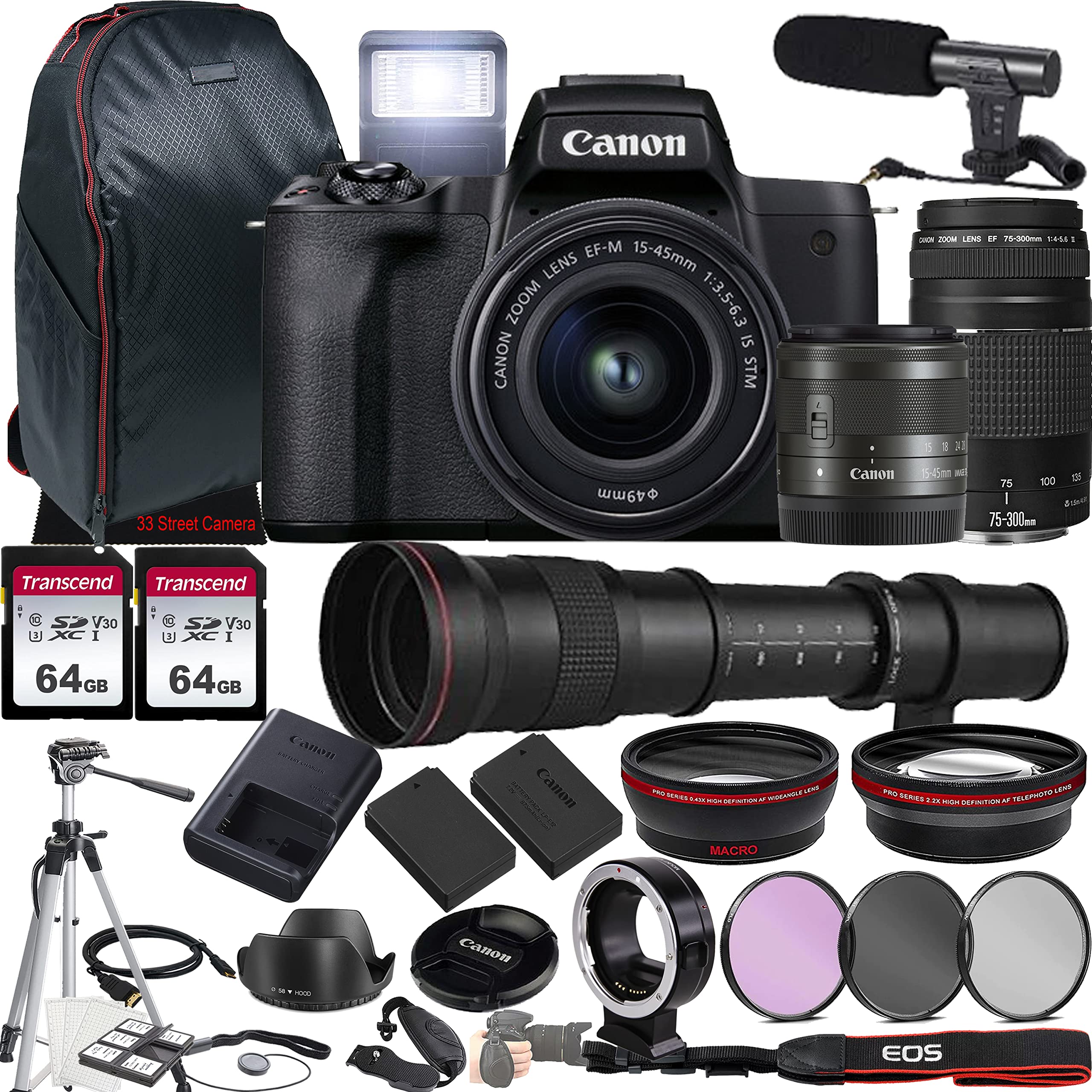 Canon EOS M50 Mark II Mirrorless Camera w/EF-M 15-45mm f/3.5-6.3 IS STM Lens + EF 75-300mm f/4-5.6 III Lens + 420-800mm f/8.3 HD Lens + 2X 64GB Memory + Case + Microphone + Tripod + More (35pc Bundle)