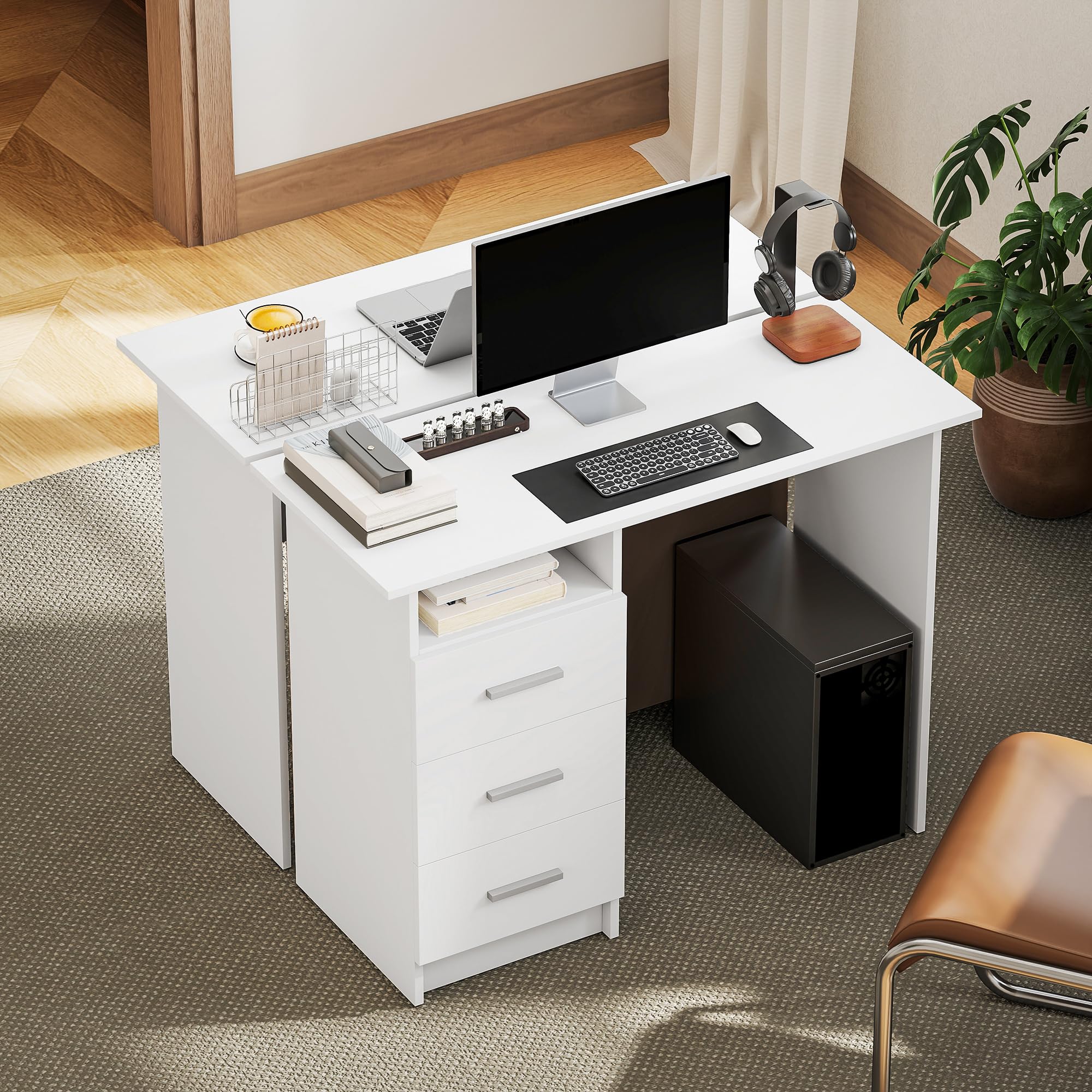 HOMCOM Scrivania Salvaspazio Moderna 3 Cassetti 100x40x75 cm Bianco | Ripiano Aperto, Scrivania con Cassetti in Legno, per Ufficio Studio Camera da Letto