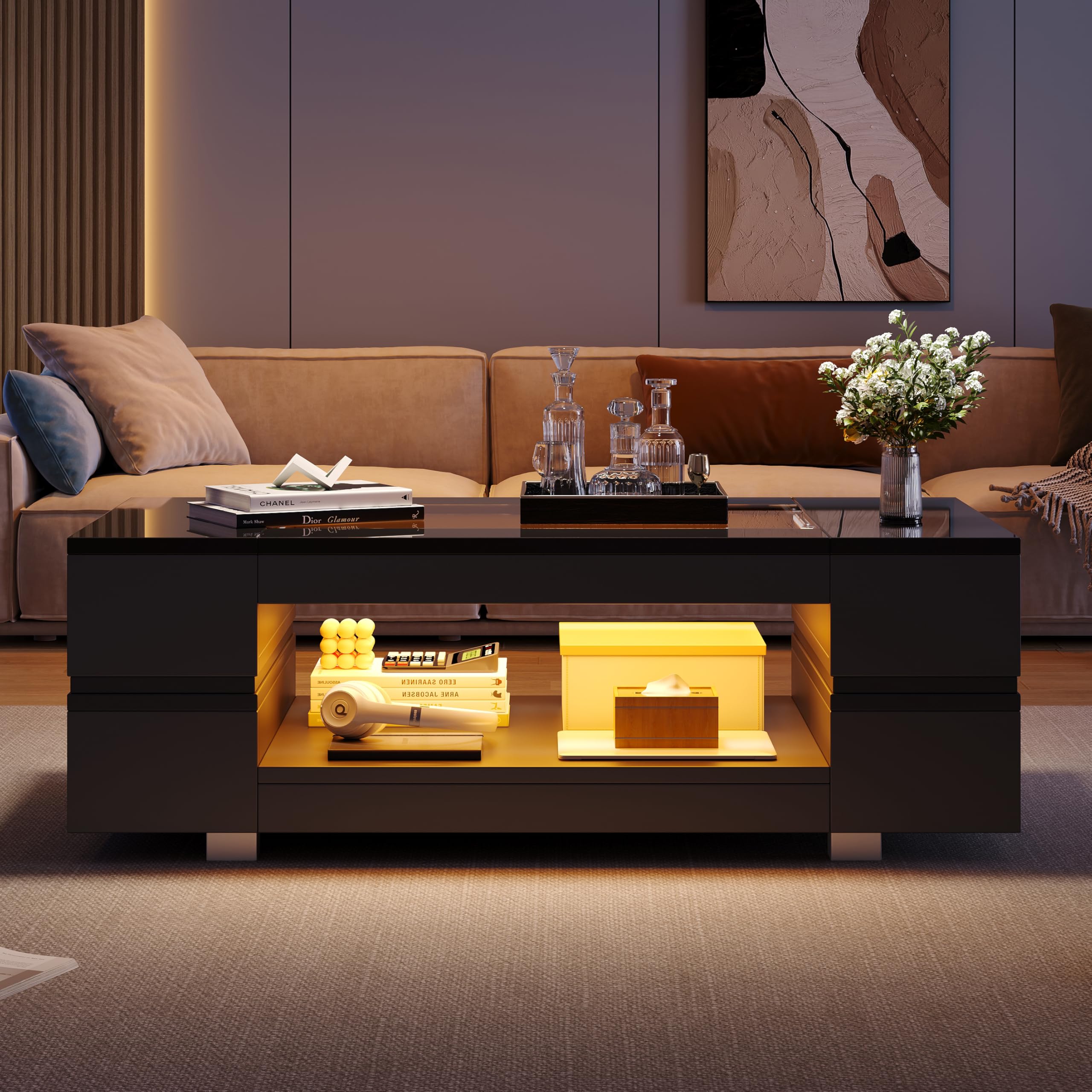BTM Hollow coffee table with Open Storage, Centre Table, Sofa Side Table with LED, High Gloss End Table with Glass tabletop, Living Room, Office, Apartment100*50 * 35cm, Black โ image 1