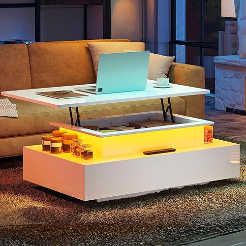 Miniatura 8 de YITAHOME - Mesas de centro con tapa LED y elevación para sala de estar, mesa de café de alto brillo con almacenamiento y 4 cajones espaciosos, mesas