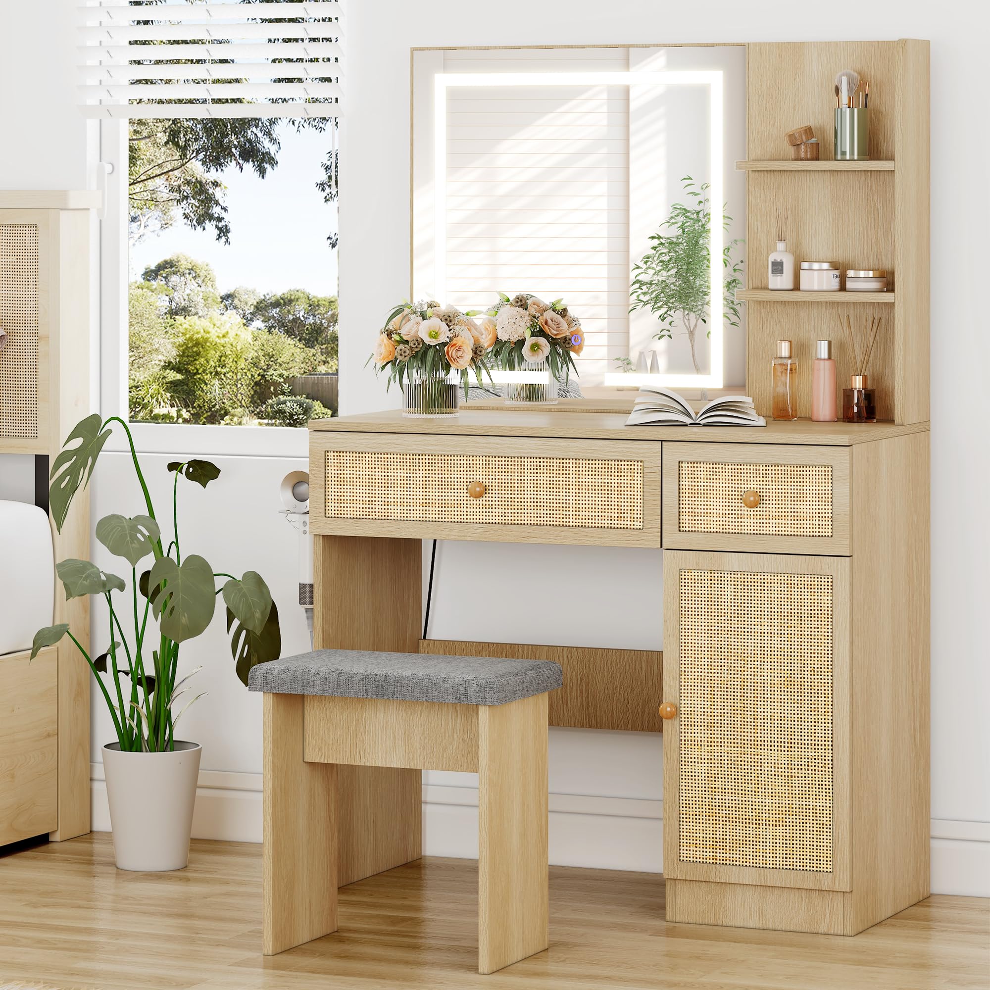 Brafab Rattan Vanity Desk with LED Lights Mirror and Chair, Wooden Makeup Vanity Set with Charging Station with 2 Storage Drawers, Boho Dressing Table
