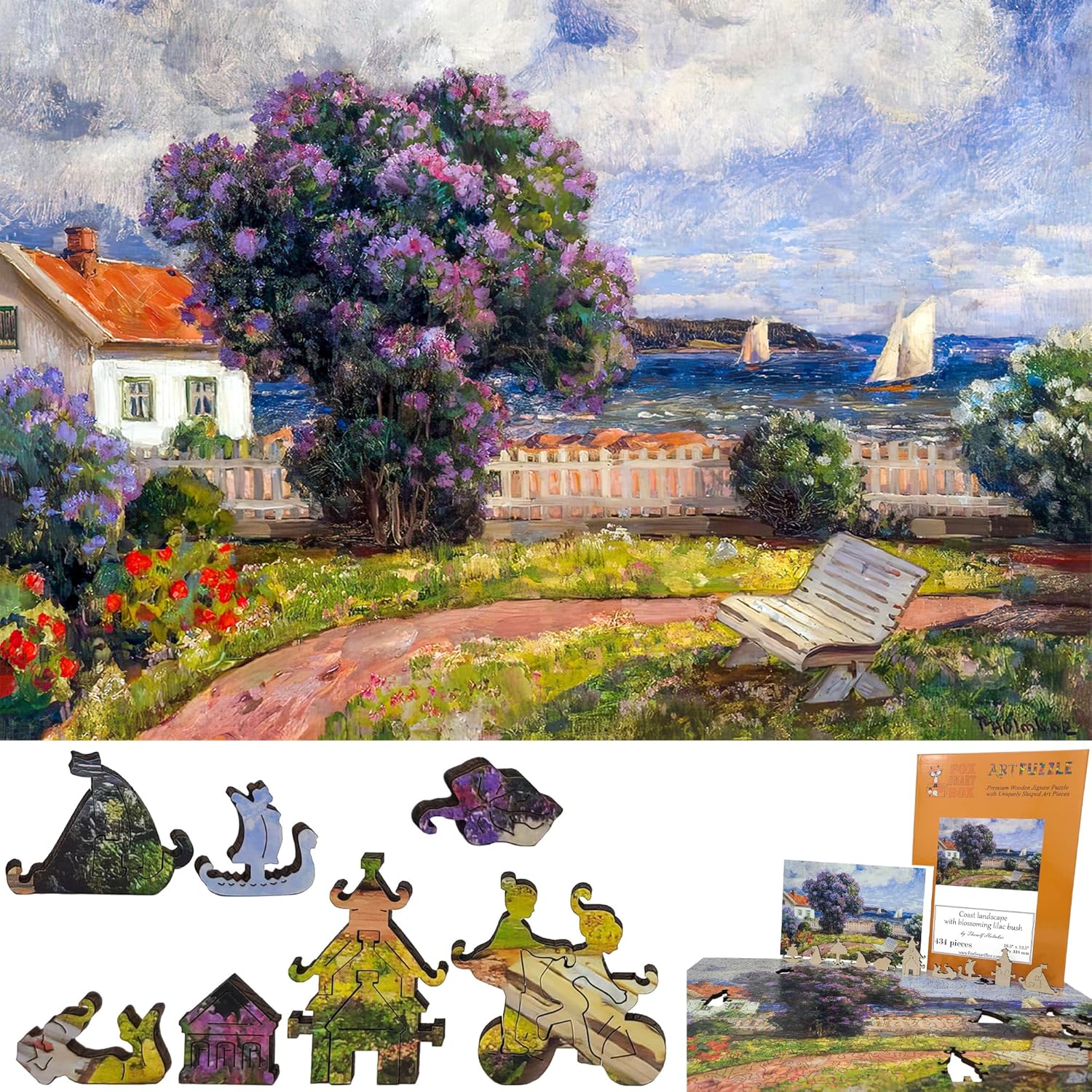 Wooden Jigsaw Puzzle for Adults - Uniquely Shaped Pieces - Made in The USA by FoxSmartBox - 434 Pieces - Coast Landscape with Blossoming Lilac Bush